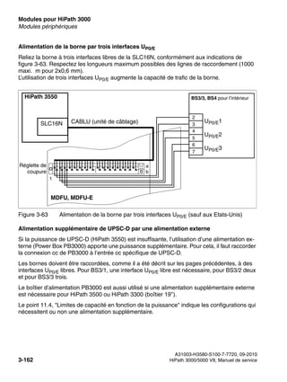 Modules pour HiPath 3000 Nur für den internen Gebrauch
A31003-H3580-S100-7-7720, 09-2010
3-162 HiPath 3000/5000 V8, Manuel de service
boards.fm
Modules périphériques
Alimentation de la borne par trois interfaces UP0/E
Reliez la borne à trois interfaces libres de la SLC16N, conformément aux indications de
figure 3-63. Respectez les longueurs maximum possibles des lignes de raccordement (1000
maxi. m pour 2x0,6 mm).
L’utilisation de trois interfaces UP0/E augmente la capacité de trafic de la borne.
Alimentation supplémentaire de UPSC-D par une alimentation externe
Si la puissance de UPSC-D (HiPath 3550) est insuffisante, l’utilisation d’une alimentation ex-
terne (Power Box PB3000) apporte une puissance supplémentaire. Pour cela, il faut raccorder
la connexion cc de PB3000 à l’entrée cc spécifique de UPSC-D.
Les bornes doivent être raccordées, comme il a été décrit sur les pages précédentes, à des
interfaces UP0/E libres. Pour BS3/1, une interface UP0/E libre est nécessaire, pour BS3/2 deux
et pour BS3/3 trois.
Le boîtier d’alimentation PB3000 est aussi utilisé si une alimentation supplémentaire externe
est nécessaire pour HiPath 3500 ou HiPath 3300 (boîtier 19’’).
Le point 11.4, "Limites de capacité en fonction de la puissance" indique les configurations qui
nécessitent ou non une alimentation supplémentaire.
Figure 3-63 Alimentation de la borne par trois interfaces UP0/E (sauf aux Etats-Unis)
a
b
1
CABLU (unité de câblage)
MDFU, MDFU-E
2
3
4
5
UP0/E1
UP0/E2
UP0/E3
BS3/3, BS4 pour l’intérieur
Réglette de
coupure
7
6
HiPath 3550
SLC16N
 
