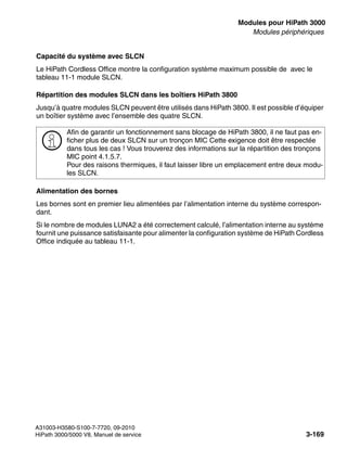boards.fm
A31003-H3580-S100-7-7720, 09-2010
HiPath 3000/5000 V8, Manuel de service 3-169
Nur für den internen Gebrauch Modules pour HiPath 3000
Modules périphériques
Capacité du système avec SLCN
Le HiPath Cordless Office montre la configuration système maximum possible de avec le
tableau 11-1 module SLCN.
Répartition des modules SLCN dans les boîtiers HiPath 3800
Jusqu’à quatre modules SLCN peuvent être utilisés dans HiPath 3800. Il est possible d’équiper
un boîtier système avec l’ensemble des quatre SLCN.
Alimentation des bornes
Les bornes sont en premier lieu alimentées par l’alimentation interne du système correspon-
dant.
Si le nombre de modules LUNA2 a été correctement calculé, l’alimentation interne au système
fournit une puissance satisfaisante pour alimenter la configuration système de HiPath Cordless
Office indiquée au tableau 11-1.
>
Afin de garantir un fonctionnement sans blocage de HiPath 3800, il ne faut pas en-
ficher plus de deux SLCN sur un tronçon MIC Cette exigence doit être respectée
dans tous les cas ! Vous trouverez des informations sur la répartition des tronçons
MIC point 4.1.5.7.
Pour des raisons thermiques, il faut laisser libre un emplacement entre deux modu-
les SLCN.
 