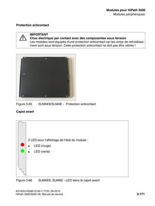 boards.fm
A31003-H3580-S100-7-7720, 09-2010
HiPath 3000/5000 V8, Manuel de service 3-171
Nur für den internen Gebrauch Modules pour HiPath 3000
Modules périphériques
Protection anticontact
Capot avant
7
IMPORTANT
Choc électrique par contact avec des composantes sous tension
Les modules sont équipés d’une protection anticontact car les corps de refroidisse-
ment sont sous tension. Cette protection anticontact ne doit pas être retirée !
Figure 3-65 SLMAE8/SLMAE - Protection anticontact
Figure 3-66 SLMAE8, SLMAE - LED dans le capot avant
2 LED pour l’affichage de l’état du module :
● LED (rouge)
● LED (verte)
 