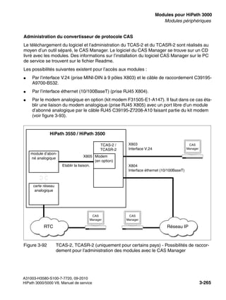 boards.fm
A31003-H3580-S100-7-7720, 09-2010
HiPath 3000/5000 V8, Manuel de service 3-265
Nur für den internen Gebrauch Modules pour HiPath 3000
Modules périphériques
Administration du convertisseur de protocole CAS
Le téléchargement du logiciel et l’administration du TCAS-2 et du TCASR-2 sont réalisés au
moyen d’un outil séparé, le CAS Manager. Le logiciel du CAS Manager se trouve sur un CD
livré avec les modules. Des informations sur l’installation du logiciel CAS Manager sur le PC
de service se trouvent sur le fichier Readme.
Les possibilités suivantes existent pour l’accès aux modules :
● Par l’interface V.24 (prise MINI-DIN à 9 pôles X803) et le câble de raccordement C39195-
A9700-B532.
● Par l’interface éthernet (10/100BaseT) (prise RJ45 X804).
● Par le modem analogique en option (kit modem F31505-E1-A147). Il faut dans ce cas éta-
blir une liaison du modem analogique (prise RJ45 X805) avec un port libre d’un module
d’abonné analogique par le câble RJ45 C39195-Z7208-A10 faisant partie du kit modem
(voir figure 3-93).
Figure 3-92 TCAS-2, TCASR-2 (uniquement pour certains pays) - Possibilités de raccor-
dement pour l’administration des modules avec le CAS Manager
module d’abon-
né analogique
carte réseau
analogique
TCAS-2 /
TCASR-2
Modem
(en option)
HiPath 3550 / HiPath 3500
X803
Interface V.24
RTC
X804
Interface éthernet (10/100BaseT)
X805
Etablir la liaison.
CAS
Manager
Réseau IP
CAS
Manager
CAS
Manager
 