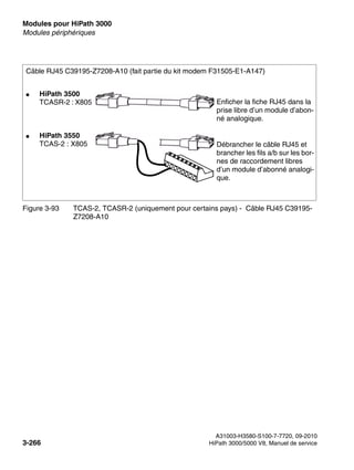 Modules pour HiPath 3000 Nur für den internen Gebrauch
A31003-H3580-S100-7-7720, 09-2010
3-266 HiPath 3000/5000 V8, Manuel de service
boards.fm
Modules périphériques
Figure 3-93 TCAS-2, TCASR-2 (uniquement pour certains pays) - Câble RJ45 C39195-
Z7208-A10
Câble RJ45 C39195-Z7208-A10 (fait partie du kit modem F31505-E1-A147)
Enficher la fiche RJ45 dans la
prise libre d’un module d’abon-
né analogique.
● HiPath 3500
TCASR-2 : X805
● HiPath 3550
TCAS-2 : X805 Débrancher le câble RJ45 et
brancher les fils a/b sur les bor-
nes de raccordement libres
d’un module d’abonné analogi-
que.
 