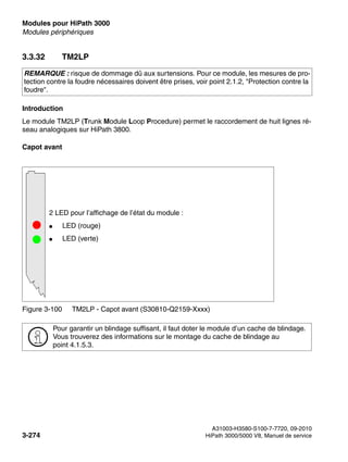 Modules pour HiPath 3000 Nur für den internen Gebrauch
A31003-H3580-S100-7-7720, 09-2010
3-274 HiPath 3000/5000 V8, Manuel de service
boards.fm
Modules périphériques
3.3.32 TM2LP
Introduction
Le module TM2LP (Trunk Module Loop Procedure) permet le raccordement de huit lignes ré-
seau analogiques sur HiPath 3800.
Capot avant
REMARQUE : risque de dommage dû aux surtensions. Pour ce module, les mesures de pro-
tection contre la foudre nécessaires doivent être prises, voir point 2.1.2, "Protection contre la
foudre".
Figure 3-100 TM2LP - Capot avant (S30810-Q2159-Xxxx)
>
Pour garantir un blindage suffisant, il faut doter le module d’un cache de blindage.
Vous trouverez des informations sur le montage du cache de blindage au
point 4.1.5.3.
2 LED pour l’affichage de l’état du module :
● LED (rouge)
● LED (verte)
 