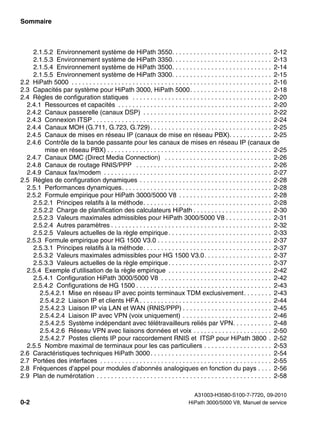 Sommaire Nur für den internen Gebrauch
A31003-H3580-S100-7-7720, 09-2010
0-2 HiPath 3000/5000 V8, Manuel de service
hp3hp5shTOC.fm
2.1.5.2 Environnement système de HiPath 3550. . . . . . . . . . . . . . . . . . . . . . . . . . . . 2-12
2.1.5.3 Environnement système de HiPath 3350. . . . . . . . . . . . . . . . . . . . . . . . . . . . 2-13
2.1.5.4 Environnement système de HiPath 3500. . . . . . . . . . . . . . . . . . . . . . . . . . . . 2-14
2.1.5.5 Environnement système de HiPath 3300. . . . . . . . . . . . . . . . . . . . . . . . . . . . 2-15
2.2 HiPath 5000 . . . . . . . . . . . . . . . . . . . . . . . . . . . . . . . . . . . . . . . . . . . . . . . . . . . . . . . . 2-16
2.3 Capacités par système pour HiPath 3000, HiPath 5000. . . . . . . . . . . . . . . . . . . . . . . 2-18
2.4 Règles de configuration statiques . . . . . . . . . . . . . . . . . . . . . . . . . . . . . . . . . . . . . . . 2-20
2.4.1 Ressources et capacités . . . . . . . . . . . . . . . . . . . . . . . . . . . . . . . . . . . . . . . . . . . 2-20
2.4.2 Canaux passerelle (canaux DSP) . . . . . . . . . . . . . . . . . . . . . . . . . . . . . . . . . . . . 2-22
2.4.3 Connexion ITSP . . . . . . . . . . . . . . . . . . . . . . . . . . . . . . . . . . . . . . . . . . . . . . . . . . 2-24
2.4.4 Canaux MOH (G.711, G.723, G.729). . . . . . . . . . . . . . . . . . . . . . . . . . . . . . . . . . 2-25
2.4.5 Canaux de mises en réseau IP (canaux de mise en réseau PBX). . . . . . . . . . . . 2-25
2.4.6 Contrôle de la bande passante pour les canaux de mises en réseau IP (canaux de
mise en réseau PBX) . . . . . . . . . . . . . . . . . . . . . . . . . . . . . . . . . . . . . . . . . . . . . . 2-25
2.4.7 Canaux DMC (Direct Media Connection) . . . . . . . . . . . . . . . . . . . . . . . . . . . . . . 2-26
2.4.8 Canaux de routage RNIS/PPP . . . . . . . . . . . . . . . . . . . . . . . . . . . . . . . . . . . . . . 2-26
2.4.9 Canaux fax/modem . . . . . . . . . . . . . . . . . . . . . . . . . . . . . . . . . . . . . . . . . . . . . . . 2-27
2.5 Règles de configuration dynamiques . . . . . . . . . . . . . . . . . . . . . . . . . . . . . . . . . . . . . 2-28
2.5.1 Performances dynamiques. . . . . . . . . . . . . . . . . . . . . . . . . . . . . . . . . . . . . . . . . . 2-28
2.5.2 Formule empirique pour HiPath 3000/5000 V8 . . . . . . . . . . . . . . . . . . . . . . . . . . 2-28
2.5.2.1 Principes relatifs à la méthode. . . . . . . . . . . . . . . . . . . . . . . . . . . . . . . . . . . . 2-28
2.5.2.2 Charge de planification des calculateurs HiPath . . . . . . . . . . . . . . . . . . . . . . 2-30
2.5.2.3 Valeurs maximales admissibles pour HiPath 3000/5000 V8 . . . . . . . . . . . . . 2-31
2.5.2.4 Autres paramètres . . . . . . . . . . . . . . . . . . . . . . . . . . . . . . . . . . . . . . . . . . . . . 2-32
2.5.2.5 Valeurs actuelles de la règle empirique. . . . . . . . . . . . . . . . . . . . . . . . . . . . . 2-33
2.5.3 Formule empirique pour HG 1500 V3.0 . . . . . . . . . . . . . . . . . . . . . . . . . . . . . . . . 2-37
2.5.3.1 Principes relatifs à la méthode. . . . . . . . . . . . . . . . . . . . . . . . . . . . . . . . . . . . 2-37
2.5.3.2 Valeurs maximales admissibles pour HG 1500 V3.0. . . . . . . . . . . . . . . . . . . 2-37
2.5.3.3 Valeurs actuelles de la règle empirique. . . . . . . . . . . . . . . . . . . . . . . . . . . . . 2-37
2.5.4 Exemple d’utilisation de la règle empirique . . . . . . . . . . . . . . . . . . . . . . . . . . . . . 2-42
2.5.4.1 Configuration HiPath 3000/5000 V8 . . . . . . . . . . . . . . . . . . . . . . . . . . . . . . . 2-42
2.5.4.2 Configurations de HG 1500 . . . . . . . . . . . . . . . . . . . . . . . . . . . . . . . . . . . . . . 2-43
2.5.4.2.1 Mise en réseau IP avec points terminaux TDM exclusivement. . . . . . . . 2-43
2.5.4.2.2 Liaison IP et clients HFA . . . . . . . . . . . . . . . . . . . . . . . . . . . . . . . . . . . . . 2-44
2.5.4.2.3 Liaison IP via LAN et WAN (RNIS/PPP) . . . . . . . . . . . . . . . . . . . . . . . . . 2-45
2.5.4.2.4 Liaison IP avec VPN (voix uniquement) . . . . . . . . . . . . . . . . . . . . . . . . . 2-46
2.5.4.2.5 Système indépendant avec télétravailleurs reliés par VPN. . . . . . . . . . . 2-48
2.5.4.2.6 Réseau VPN avec liaisons données et voix . . . . . . . . . . . . . . . . . . . . . . 2-50
2.5.4.2.7 Postes clients IP pour raccordement RNIS et ITSP pour HiPath 3800 . 2-52
2.5.5 Nombre maximal de terminaux pour les cas particuliers . . . . . . . . . . . . . . . . . . . 2-53
2.6 Caractéristiques techniques HiPath 3000. . . . . . . . . . . . . . . . . . . . . . . . . . . . . . . . . . 2-54
2.7 Portées des interfaces . . . . . . . . . . . . . . . . . . . . . . . . . . . . . . . . . . . . . . . . . . . . . . . . 2-55
2.8 Fréquences d’appel pour modules d’abonnés analogiques en fonction du pays . . . . 2-56
2.9 Plan de numérotation . . . . . . . . . . . . . . . . . . . . . . . . . . . . . . . . . . . . . . . . . . . . . . . . . 2-58
 