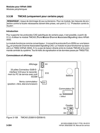 Modules pour HiPath 3000 Nur für den internen Gebrauch
A31003-H3580-S100-7-7720, 09-2010
3-304 HiPath 3000/5000 V8, Manuel de service
boards.fm
Modules périphériques
3.3.38 TMCAS (uniquement pour certains pays)
Introduction
Pour supporter les protocoles CAS spécifiques de certains pays, il est possible, à partir de
V1.0, d’utiliser le module TMCAS (Trunk Module Channel Associated Signalling) dans HiPath
3550.
Le module fonctionne comme convertisseur : il convertit le protocole Euro-ISDN sur une liaison
S2M en protocole Channel Associated Signalling CAS. Le module ne peut fonctionner qu’asso-
cié à un TMS2 (HiPath 3550). Il n’y a pas de liaison directe entre le module TMCAS et la com-
mande centrale du système. Tout le trafic de signalisation et de données passe par TMS2/TS2.
Commutateurs et affichage
REMARQUE : risque de dommage dû aux surtensions. Pour ce module, les mesures de pro-
tection contre la foudre nécessaires doivent être prises, voir point 2.1.2, "Protection contre la
foudre".
Figure 3-108 TMCAS (S30810-Q2938-X)
Off
= défaut
S1
S2
S3
Verrou commutateur
(position = libre, état à la livraison)
Affichage
25 pôles Connecteur SUB-D :
interface V.24 pour le raccorde-
ment du PC de service avec outil
ECGM
3 2 1
Commutateur S4
1
Cavalier
H1
X10
Batterie
 