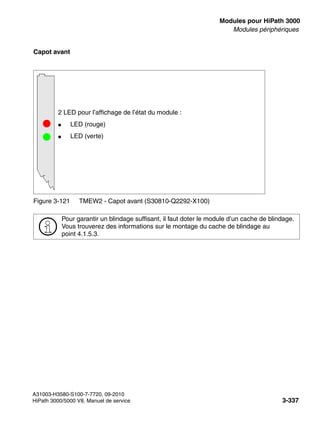 boards.fm
A31003-H3580-S100-7-7720, 09-2010
HiPath 3000/5000 V8, Manuel de service 3-337
Nur für den internen Gebrauch Modules pour HiPath 3000
Modules périphériques
Capot avant
Figure 3-121 TMEW2 - Capot avant (S30810-Q2292-X100)
>
Pour garantir un blindage suffisant, il faut doter le module d’un cache de blindage.
Vous trouverez des informations sur le montage du cache de blindage au
point 4.1.5.3.
2 LED pour l’affichage de l’état du module :
● LED (rouge)
● LED (verte)
 