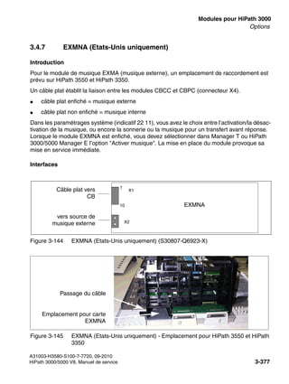 boards.fm
A31003-H3580-S100-7-7720, 09-2010
HiPath 3000/5000 V8, Manuel de service 3-377
Nur für den internen Gebrauch Modules pour HiPath 3000
Options
3.4.7 EXMNA (Etats-Unis uniquement)
Introduction
Pour le module de musique EXMA (musique externe), un emplacement de raccordement est
prévu sur HiPath 3550 et HiPath 3350.
Un câble plat établit la liaison entre les modules CBCC et CBPC (connecteur X4).
● câble plat enfiché = musique externe
● câble plat non enfiché = musique interne
Dans les paramétrages système (indicatif 22 11), vous avez le choix entre l’activation/la désac-
tivation de la musique, ou encore la sonnerie ou la musique pour un transfert avant réponse.
Lorsque le module EXMNA est enfiché, vous devez sélectionner dans Manager T ou HiPath
3000/5000 Manager E l’option "Activer musique". La mise en place du module provoque sa
mise en service immédiate.
Interfaces
Figure 3-144 EXMNA (Etats-Unis uniquement) (S30807-Q6923-X)
Figure 3-145 EXMNA (Etats-Unis uniquement) - Emplacement pour HiPath 3550 et HiPath
3350
Câble plat vers
CB
vers source de
musique externe
1
10
X1
X2
EXMNA
Passage du câble
Emplacement pour carte
EXMNA
 