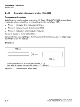 Données de l’installation Nur für den internen Gebrauch
A31003-H3580-S100-7-7720, 09-2010
2-10 HiPath 3000/5000 V8, Manuel de service
sysdat.fm
HiPath 3000
2.1.4.5 Description mécanique du système HiPath 3300
Remarques sur le montage
Le boîtier prévu pour le montage en armoires 19" (figure 2-5) de HiPath 3300 comprend trois
niveaux d’emplacements utilisés comme suit (représentés sur la figure 4-67) :
● Niveau 1 : tiroirs pour deux modules périphériques
● Niveau 2 : tiroir pour module de commande CBRC
● Niveau 3 : modules en option (jusqu’à 3 modules)
Au dos du châssis se trouve l’alimentation.
Le raccordement aux périphériques (terminaux, raccordements réseau, etc.) se fait par les pri-
ses MW8 à l’avant des modules.
Dimensions
Figure 2-5 Dimensions de HiPath 3300
440 mm
88 mm
380 mm
Unités de hauteur pour le montage en armoire 19" : 2
(une unité de hauteur correspond à environ 1,7" = 43 mm)
 