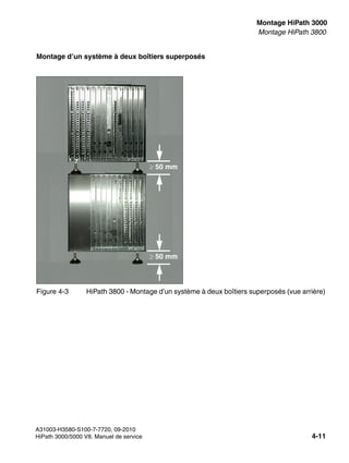 inst_h3.fm
A31003-H3580-S100-7-7720, 09-2010
HiPath 3000/5000 V8, Manuel de service 4-11
Nur für den internen Gebrauch Montage HiPath 3000
Montage HiPath 3800
Montage d’un système à deux boîtiers superposés
Figure 4-3 HiPath 3800 - Montage d’un système à deux boîtiers superposés (vue arrière)
≥ 50 mm
≥ 50 mm
 