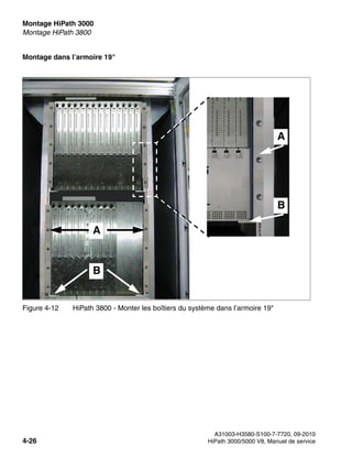 Montage HiPath 3000 Nur für den internen Gebrauch
A31003-H3580-S100-7-7720, 09-2010
4-26 HiPath 3000/5000 V8, Manuel de service
inst_h3.fm
Montage HiPath 3800
Montage dans l’armoire 19"
Figure 4-12 HiPath 3800 - Monter les boîtiers du système dans l’armoire 19"
A
B
A
B
 