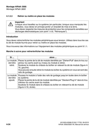 Montage HiPath 3000 Nur für den internen Gebrauch
A31003-H3580-S100-7-7720, 09-2010
4-34 HiPath 3000/5000 V8, Manuel de service
inst_h3.fm
Montage HiPath 3800
4.1.5.3 Retirer ou mettre en place les modules
Introduction
Vous devez retirer/enficher les modules périphériques sous tension. Utilisez dans tous les cas
la clé de module fournie pour retirer ou mettre en place les modules.
Vous trouverez des informations sur l’équipement des modules périphériques au point 9.1.1.
Marche à suivre pour retirer/enficher les modules
7
Important
Lorsque vous travaillez sur le système (en particulier, lorsque vous manipulez les
modules), vous devez en principe porter un bracelet de mise à la terre.
Vous devez respecter les mesures de protection pour les composants sensibles aux
décharges électrostatiques (voir point 1.4.6, "Remarques").
Si ... alors ...
Le module
doit être
retiré.
Placez la pointe de la clé de module identifiée par "Ziehen/Pull" dans le trou su-
périeur du cache avant au niveau du module à retirer.
Soulevez le module du châssis du boîtier en relevant la clé de module (figure 4-
16, gauche).
Vous pouvez ensuite retirer le module du boîtier du système en vous servant des
rails de guidage.
Le module
doit être
ajouté.
Poussez le module à l’aide des rails de guidage jusqu’en butée dans le boîtier
du système.
Placez la pointe de la clé de module identifiée par "Stecken/Plug In" dans le trou
inférieur du cache avant du module.
Soulevez le module dans le châssis du boîtier en relevant la clé de module
(figure 4-16, droite).
 