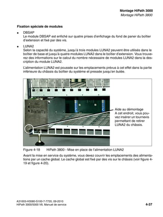 inst_h3.fm
A31003-H3580-S100-7-7720, 09-2010
HiPath 3000/5000 V8, Manuel de service 4-37
Nur für den internen Gebrauch Montage HiPath 3000
Montage HiPath 3800
Fixation spéciale de modules
● DBSAP
Le module DBSAP est enfiché sur quatre prises d’enfichage du fond de paner du boîtier
d’extension et fixé par des vis.
● LUNA2
Selon la capacité du système, jusqu’à trois modules LUNA2 peuvent être utilisés dans le
boîtier de base et jusqu’à quatre modules LUNA2 dans le boîtier d’extension. Vous trouve-
rez des informations sur le calcul du nombre nécessaire de modules LUNA2 dans la des-
cription du module LUNA2.
L’alimentation LUNA2 est poussée sur les emplacements prévus à cet effet dans la partie
inférieure du châssis du boîtier du système et pressée jusqu’en butée.
Avant la mise en service du système, vous devez couvrir les emplacements des alimenta-
tions par un cache global. Le cache global est fixé par des vis sur le châssis (voir figure 4-
19 et figure 4-20).
Figure 4-18 HiPath 3800 - Mise en place de l’alimentation LUNA2
Aide au démontage
A cet endroit, vous pou-
vez insérer un tournevis
permettant de retirer
LUNA2 du châssis.
 