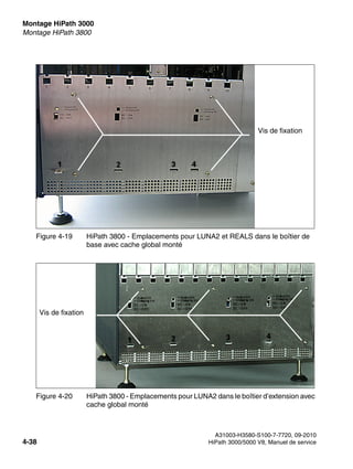 Montage HiPath 3000 Nur für den internen Gebrauch
A31003-H3580-S100-7-7720, 09-2010
4-38 HiPath 3000/5000 V8, Manuel de service
inst_h3.fm
Montage HiPath 3800
Figure 4-19 HiPath 3800 - Emplacements pour LUNA2 et REALS dans le boîtier de
base avec cache global monté
Figure 4-20 HiPath 3800 - Emplacements pour LUNA2 dans le boîtier d’extension avec
cache global monté
Vis de fixation
Vis de fixation
 