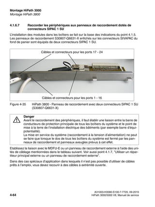 Montage HiPath 3000 Nur für den internen Gebrauch
A31003-H3580-S100-7-7720, 09-2010
4-64 HiPath 3000/5000 V8, Manuel de service
inst_h3.fm
Montage HiPath 3800
4.1.6.7 Raccorder les périphériques aux panneaux de raccordement dotés de
connecteurs SIPAC 1 SU
L’installation des modules dans les boîtiers se fait sur la base des indications du point 4.1.5.
Les panneaux de raccordement S30807-Q6631-X enfichés sur les connecteurs SIVAPAC du
fond de panier sont équipés de deux connecteurs SIPAC 1 SU.
Etablissez la liaison avec le MDFU-E ou un panneau de raccordement externe à l’aide des uni-
tés de câblage mentionnées dans le tableau suivant. Voir aussi point 4.1.7, "Utiliser un répar-
titeur principal externe ou un panneau de raccordement externe".
Dans des cas spéciaux d’application dans lesquels il n’est pas possible d’utiliser de câbles
prêts à l’emploi, vous devez recourir à des câbles à extrémité ouverte.
Figure 4-35 HiPath 3800 - Panneau de raccordement avec deux connecteurs SIPAC 1 SU
(S30807-Q6631-X)
7
Danger
Avant le raccordement des périphériques, il faut établir une liaison entre la barre de
conducteurs de protection principale de tous les boîtiers du système et le point de
mise à la terre de l’installation électrique des bâtiments (par exemple barre d’équi-
potentialité).
La mise en service du système (raccordement à la tension d’alimentation) ne peut
se faire que lorsque le dos de tous les boîtiers du système est fermé par les pan-
neaux de raccordement et panneaux aveugles prévus à cet effet.
Câbles et connecteurs pour les ports 1 - 16
Câbles et connecteurs pour les ports 17 - 24
 