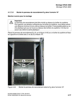 inst_h3.fm
A31003-H3580-S100-7-7720, 09-2010
HiPath 3000/5000 V8, Manuel de service 4-77
Nur für den internen Gebrauch Montage HiPath 3000
Montage HiPath 3800
4.1.7.3.1 Monter le panneau de raccordement S0 dans l’armoire 19"
Marche à suivre pour le montage
Placez le panneau de raccordement S0 (A, sur la figure 4-44) sur un boîtier du système et fixez-
le à gauche et à droite avec 2 vis (B) au châssis 19".
7
Important
Le panneau de raccordement doit être monté au-dessus du boîtier du système.
Pour garantir une aération suffisante pour le boîtier du système, vous devez prévoir
une distance minimum d’une unité au-dessus du boîtier. C’est possible grâce au ca-
che plastique gris qui se trouve au-dessus des boîtiers du système. Il ne faut en
aucun cas retirer le cache plastique !
Figure 4-44 Monter le panneau de raccordement externe S0 dans l’armoire 19"
A
B
 