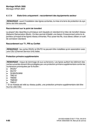 Montage HiPath 3000 Nur für den internen Gebrauch
A31003-H3580-S100-7-7720, 09-2010
4-80 HiPath 3000/5000 V8, Manuel de service
inst_h3.fm
Montage HiPath 3800
4.1.7.4 Etats-Unis uniquement : raccordement des équipements secteur
Raccordement sur le point de transfert
La plupart des répartiteurs principaux sont équipés en standard d’un bloc de transfert réseau
(Network Demarcation Block). Ce bloc permet d’établir une liaison Crossconnect entre le ré-
partiteur principal et les lignes réseau entrantes. Pour poser les fils, vous devez utiliser un outil
de connexion standard.
Raccordement sur T1, PRI ou CorNet
Protection primaire supplémentaire
REMARQUE : avant l’installation des lignes sortantes, la mise à la terre de protection du sys-
tème doit être assurée.
REMARQUE : les cartes DIU2U et DIUT2 ne peuvent être installées qu’en association avec
une CSU (Channel Service Unit) listée.
REMARQUE : risque de dommage dû aux surtensions. Les lignes quittant les bâtiment des
cartes suivantes doivent être protégées par une protection primaire supplémentaire contre les
surtensions provoquées par la foudre :
● DIU2U*
● DIUT2*
● SLMA/SLMA8
● TMC16
● TMDID
● TMEW2
● TM2LP
* Si ce module est relié au réseau public, une protection primaire supplémentaire doit être
fournie côté CSU.
 