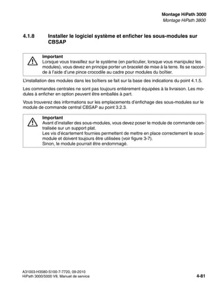 inst_h3.fm
A31003-H3580-S100-7-7720, 09-2010
HiPath 3000/5000 V8, Manuel de service 4-81
Nur für den internen Gebrauch Montage HiPath 3000
Montage HiPath 3800
4.1.8 Installer le logiciel système et enficher les sous-modules sur
CBSAP
L’installation des modules dans les boîtiers se fait sur la base des indications du point 4.1.5.
Les commandes centrales ne sont pas toujours entièrement équipées à la livraison. Les mo-
dules à enficher en option peuvent être emballés à part.
Vous trouverez des informations sur les emplacements d’enfichage des sous-modules sur le
module de commande central CBSAP au point 3.2.3.
7
Important
Lorsque vous travaillez sur le système (en particulier, lorsque vous manipulez les
modules), vous devez en principe porter un bracelet de mise à la terre. Ils se raccor-
de à l’aide d’une pince crocodile au cadre pour modules du boîtier.
7
Important
Avant d’installer des sous-modules, vous devez poser le module de commande cen-
tralisée sur un support plat.
Les vis d’écartement fournies permettent de mettre en place correctement le sous-
module et doivent toujours être utilisées (voir figure 3-7).
Sinon, le module pourrait être endommagé.
 