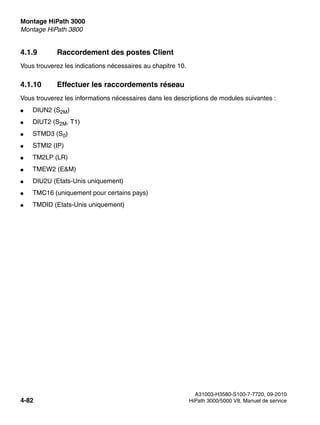Montage HiPath 3000 Nur für den internen Gebrauch
A31003-H3580-S100-7-7720, 09-2010
4-82 HiPath 3000/5000 V8, Manuel de service
inst_h3.fm
Montage HiPath 3800
4.1.9 Raccordement des postes Client
Vous trouverez les indications nécessaires au chapitre 10.
4.1.10 Effectuer les raccordements réseau
Vous trouverez les informations nécessaires dans les descriptions de modules suivantes :
● DIUN2 (S2M)
● DIUT2 (S2M, T1)
● STMD3 (S0)
● STMI2 (IP)
● TM2LP (LR)
● TMEW2 (E&M)
● DIU2U (Etats-Unis uniquement)
● TMC16 (uniquement pour certains pays)
● TMDID (Etats-Unis uniquement)
 