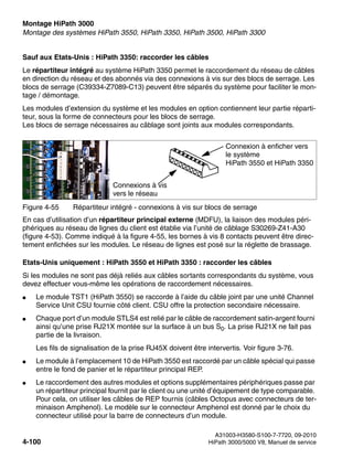 Montage HiPath 3000 Nur für den internen Gebrauch
A31003-H3580-S100-7-7720, 09-2010
4-100 HiPath 3000/5000 V8, Manuel de service
inst_h3.fm
Montage des systèmes HiPath 3550, HiPath 3350, HiPath 3500, HiPath 3300
Sauf aux Etats-Unis : HiPath 3350: raccorder les câbles
Le répartiteur intégré au système HiPath 3350 permet le raccordement du réseau de câbles
en direction du réseau et des abonnés via des connexions à vis sur des blocs de serrage. Les
blocs de serrage (C39334-Z7089-C13) peuvent être séparés du système pour faciliter le mon-
tage / démontage.
Les modules d’extension du système et les modules en option contiennent leur partie réparti-
teur, sous la forme de connecteurs pour les blocs de serrage.
Les blocs de serrage nécessaires au câblage sont joints aux modules correspondants.
En cas d’utilisation d’un répartiteur principal externe (MDFU), la liaison des modules péri-
phériques au réseau de lignes du client est établie via l’unité de câblage S30269-Z41-A30
(figure 4-53). Comme indiqué à la figure 4-55, les bornes à vis 8 contacts peuvent être direc-
tement enfichées sur les modules. Le réseau de lignes est posé sur la réglette de brassage.
Etats-Unis uniquement : HiPath 3550 et HiPath 3350 : raccorder les câbles
Si les modules ne sont pas déjà reliés aux câbles sortants correspondants du système, vous
devez effectuer vous-même les opérations de raccordement nécessaires.
● Le module TST1 (HiPath 3550) se raccorde à l’aide du câble joint par une unité Channel
Service Unit CSU fournie côté client. CSU offre la protection secondaire nécessaire.
● Chaque port d’un module STLS4 est relié par le câble de raccordement satin-argent fourni
ainsi qu’une prise RJ21X montée sur la surface à un bus S0. La prise RJ21X ne fait pas
partie de la livraison.
Les fils de signalisation de la prise RJ45X doivent être intervertis. Voir figure 3-76.
● Le module à l’emplacement 10 de HiPath 3550 est raccordé par un câble spécial qui passe
entre le fond de panier et le répartiteur principal REP.
● Le raccordement des autres modules et options supplémentaires périphériques passe par
un répartiteur principal fournit par le client ou une unité d’équipement de type comparable.
Pour cela, on utiliser les câbles de REP fournis (câbles Octopus avec connecteurs de ter-
minaison Amphenol). Le modèle sur le connecteur Amphenol est donné par le choix du
connecteur utilisé pour la barre de connecteurs d’un module.
Figure 4-55 Répartiteur intégré - connexions à vis sur blocs de serrage
Connexion à enficher vers
le système
HiPath 3550 et HiPath 3350
Connexions à vis
vers le réseau
 