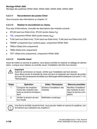Montage HiPath 3000 Nur für den internen Gebrauch
A31003-H3580-S100-7-7720, 09-2010
4-108 HiPath 3000/5000 V8, Manuel de service
inst_h3.fm
Montage des systèmes HiPath 3550, HiPath 3350, HiPath 3500, HiPath 3300
4.2.3.11 Raccordement des postes Client
Vous trouverez des informations au chapitre 10.
4.2.3.12 Réaliser le raccordement au réseau
Pour plus d’informations, consulter les descriptions des modules suivants :
● STLS2 (sauf aux Etats-Unis), STLS4 (accès réseau S0)
● TS2, uniquement HiPath 3550 (accès réseau S2M)
● TLA2 (sauf aux Etats-Unis), TLA4 (sauf aux Etats-Unis), TLA8 (sauf aux Etats-Unis) (LR)
● TMAMF (uniquement pour certains pays), uniquement HiPath 3550
● TMGL4 (Etats-Unis uniquement)
● TMQ4 (Etats-Unis uniquement)
● TST1 (Etats-Unis uniquement), uniquement HiPath 3550
4.2.3.13 Contrôle visuel
Avant de mettre en service le système, vous devez contrôler le matériel, le câblage et l’alimen-
tation. Lorsque vous réalisez ce contrôle visuel, l’installation doit être hors tension.
7
Important
Avant de commencer ce travail, vérifier que l’installation est hors tension.
Vous devez porter le bracelet de mise à la terre et respecter les mesures de protec-
tion pour les composants sensibles aux décharges électrostatiques (voir point 1.4.6,
"Remarques").
Etape Opération Aides / Remarques Mesures possibles
1. Comparer les emplace-
ments des modules exis-
tants au schéma correspon-
dant.
Schéma d’installation des
modules
Rectifiez l’installation
des modules et aver-
tissez le service com-
pétent.
2. Vérifier la tension de sec-
teur locale.
Multimètre numérique
>
Une fois le contrôle visuel terminé, vous pouvez mettre en service le système, con-
formément aux indications du chapitre 5.
 