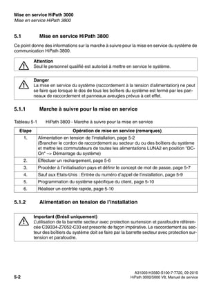 Mise en service HiPath 3000 Nur für den internen Gebrauch
A31003-H3580-S100-7-7720, 09-2010
5-2 HiPath 3000/5000 V8, Manuel de service
start_h3.fm
Mise en service HiPath 3800
5.1 Mise en service HiPath 3800
Ce point donne des informations sur la marche à suivre pour la mise en service du système de
communication HiPath 3800.
5.1.1 Marche à suivre pour la mise en service
5.1.2 Alimentation en tension de l’installation
7
Attention
Seul le personnel qualifié est autorisé à mettre en service le système.
7
Danger
La mise en service du système (raccordement à la tension d’alimentation) ne peut
se faire que lorsque le dos de tous les boîtiers du système est fermé par les pan-
neaux de raccordement et panneaux aveugles prévus à cet effet.
Tableau 5-1 HiPath 3800 - Marche à suivre pour la mise en service
Etape Opération de mise en service (remarques)
1. Alimentation en tension de l’installation, page 5-2
(Brancher le cordon de raccordement au secteur du ou des boîtiers du système
et mettre les commutateurs de toutes les alimentations LUNA2 en position "DC-
On" –> Démarrage du système)
2. Effectuer un rechargement, page 5-6
3. Procéder à l’initialisation pays et définir le concept de mot de passe, page 5-7
4. Sauf aux Etats-Unis : Entrée du numéro d’appel de l’installation, page 5-9
5. Programmation du système spécifique du client, page 5-10
6. Réaliser un contrôle rapide, page 5-10
7
Important (Brésil uniquement)
L’utilisation de la barrette secteur avec protection surtension et parafoudre référen-
cée C39334-Z7052-C33 est prescrite de façon impérative. Le raccordement au sec-
teur des boîtiers du système doit se faire par la barrette secteur avec protection sur-
tension et parafoudre.
 