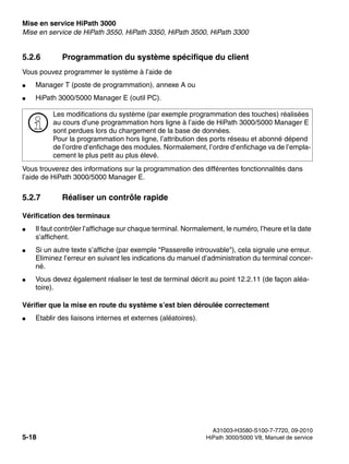 Mise en service HiPath 3000 Nur für den internen Gebrauch
A31003-H3580-S100-7-7720, 09-2010
5-18 HiPath 3000/5000 V8, Manuel de service
start_h3.fm
Mise en service de HiPath 3550, HiPath 3350, HiPath 3500, HiPath 3300
5.2.6 Programmation du système spécifique du client
Vous pouvez programmer le système à l’aide de
● Manager T (poste de programmation), annexe A ou
● HiPath 3000/5000 Manager E (outil PC).
Vous trouverez des informations sur la programmation des différentes fonctionnalités dans
l’aide de HiPath 3000/5000 Manager E.
5.2.7 Réaliser un contrôle rapide
Vérification des terminaux
● Il faut contrôler l’affichage sur chaque terminal. Normalement, le numéro, l’heure et la date
s’affichent.
● Si un autre texte s’affiche (par exemple "Passerelle introuvable"), cela signale une erreur.
Eliminez l’erreur en suivant les indications du manuel d’administration du terminal concer-
né.
● Vous devez également réaliser le test de terminal décrit au point 12.2.11 (de façon aléa-
toire).
Vérifier que la mise en route du système s’est bien déroulée correctement
● Etablir des liaisons internes et externes (aléatoires).
>
Les modifications du système (par exemple programmation des touches) réalisées
au cours d’une programmation hors ligne à l’aide de HiPath 3000/5000 Manager E
sont perdues lors du chargement de la base de données.
Pour la programmation hors ligne, l’attribution des ports réseau et abonné dépend
de l’ordre d’enfichage des modules. Normalement, l’ordre d’enfichage va de l’empla-
cement le plus petit au plus élevé.
 