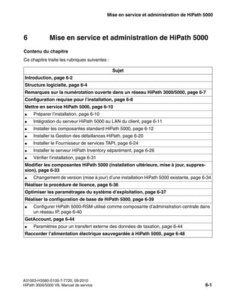 start_h5.fm
A31003-H3580-S100-7-7720, 09-2010
HiPath 3000/5000 V8, Manuel de service 6-1
Nur für den internen Gebrauch Mise en service et administration de HiPath 5000
6 Mise en service et administration de HiPath 5000
Contenu du chapitre
Ce chapitre traite les rubriques suivantes :
Sujet
Introduction, page 6-2
Structure logicielle, page 6-4
Remarques sur la numérotation ouverte dans un réseau HiPath 3000/5000, page 6-7
Configuration requise pour l’installation, page 6-8
Mettre en service HiPath 5000, page 6-10
● Préparer l’installation, page 6-10
● Intégration du serveur HiPath 5000 au LAN du client, page 6-11
● Installer les composantes standard HiPath 5000, page 6-12
● Installer la Gestion des défaillances HiPath, page 6-20
● Installer le Fournisseur de services TAPI, page 6-24
● Installer le serveur HiPath Inventory séparément, page 6-26
● Vérifier l’installation, page 6-31
Modifier les composantes HiPath 5000 (installation ultérieure, mise à jour, suppres-
sion), page 6-33
● Changement de version (mise à jour) d’une installation HiPath 5000 existante, page 6-34
Réaliser la procédure de licence, page 6-36
Optimiser les paramétrages du système d’exploitation, page 6-37
Réaliser la configuration de base de HiPath 5000, page 6-39
● Configurer HiPath 5000-RSM utilisé comme composante d’administration centrale dans
un réseau IP, page 6-40
GetAccount, page 6-44
● Paramètres pour un transfert externe des données de taxation, page 6-44
Raccorder l’alimentation électrique sauvegardée à HiPath 5000, page 6-48
 