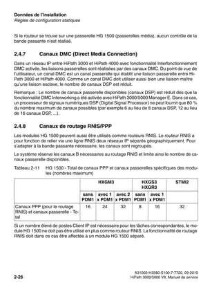 Données de l’installation Nur für den internen Gebrauch
A31003-H3580-S100-7-7720, 09-2010
2-26 HiPath 3000/5000 V8, Manuel de service
sysdat.fm
Règles de configuration statiques
Si le routeur se trouve sur une passerelle HG 1500 (passerelles média), aucun contrôle de la
bande passante n’est réalisé.
2.4.7 Canaux DMC (Direct Media Connection)
Dans un réseau IP entre HiPath 3000 et HiPath 4000 avec fonctionnalité Interfonctionnement
DMC activée, les liaisons passerelles sont réalisées par des canaux DMC. Du point de vue de
l’utilisateur, un canal DMC est un canal passerelle qui établit une liaison passerelle entre Hi-
Path 3000 et HiPath 4000. Comme un canal DMC doit utiliser aussi bien une liaison maître
qu’une liaison esclave, le nombre de canaux DSP est réduit.
Remarque : Le nombre de canaux passerelle disponibles (canaux DSP) est réduit dès que la
fonctionnalité DMC Interworking a été activée avec HiPath 3000/5000 Manager E. Dans ce cas,
un processeur de signaux numériques DSP (Digital Signal Processor) ne peut fournit que 80 %
du nombre maximum de canaux possibles (par exemple 6 au lieu de 8 canaux DSP, 12 au lieu
de 16 canaux DSP, ...).
2.4.8 Canaux de routage RNIS/PPP
Les modules HG 1500 peuvent aussi être utilisés comme routeurs RNIS. Le routeur RNIS a
pour fonction de relier via une ligne RNIS deux réseaux IP séparés géographiquement. Pour
s’adapter à la bande passante nécessaire, les canaux sont regroupés.
Le système réserve les canaux B nécessaires au routage RNIS et limite ainsi le nombre de ca-
naux passerelle disponibles.
Si un nombre élevé de postes Client IP est nécessaire pour les tâches correspondantes, le mo-
dule HG 1500 ne doit pas être utilisé en plus comme routeur RNIS. La fonctionnalité de routage
RNIS doit dans ce cas être affectée à un module HG 1500 séparé.
Tableau 2-11 HG 1500 - Total de canaux PPP et canaux passerelles spécifiques des modu-
les (nombres maximum)
HXGM3 HXGS3
HXGR3
STMI2
sans
PDM1
avec 1
x PDM1
avec 2
x PDM1
sans
PDM1
avec 1
x PDM1
Canaux PPP (pour le routage
RNIS) et canaux passerelle - To-
tal
16 24 32 8 16 32
 