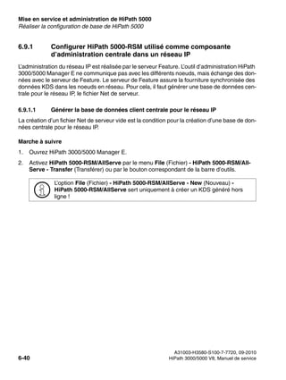 Mise en service et administration de HiPath 5000 Nur für den internen Gebrauch
A31003-H3580-S100-7-7720, 09-2010
6-40 HiPath 3000/5000 V8, Manuel de service
start_h5.fm
Réaliser la configuration de base de HiPath 5000
6.9.1 Configurer HiPath 5000-RSM utilisé comme composante
d’administration centrale dans un réseau IP
L’administration du réseau IP est réalisée par le serveur Feature. L’outil d’administration HiPath
3000/5000 Manager E ne communique pas avec les différents noeuds, mais échange des don-
nées avec le serveur de Feature. Le serveur de Feature assure la fourniture synchronisée des
données KDS dans les noeuds en réseau. Pour cela, il faut générer une base de données cen-
trale pour le réseau IP, le fichier Net de serveur.
6.9.1.1 Générer la base de données client centrale pour le réseau IP
La création d’un fichier Net de serveur vide est la condition pour la création d’une base de don-
nées centrale pour le réseau IP.
Marche à suivre
1. Ouvrez HiPath 3000/5000 Manager E.
2. Activez HiPath 5000-RSM/AllServe par le menu File (Fichier) - HiPath 5000-RSM/All-
Serve - Transfer (Transférer) ou par le bouton correspondant de la barre d’outils.
>
L’option File (Fichier) - HiPath 5000-RSM/AllServe - New (Nouveau) -
HiPath 5000-RSM/AllServe sert uniquement à créer un KDS généré hors
ligne !
 