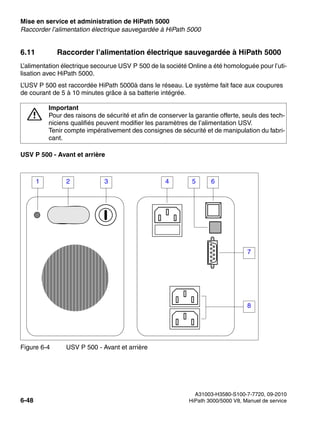 Mise en service et administration de HiPath 5000 Nur für den internen Gebrauch
A31003-H3580-S100-7-7720, 09-2010
6-48 HiPath 3000/5000 V8, Manuel de service
start_h5.fm
Raccorder l’alimentation électrique sauvegardée à HiPath 5000
6.11 Raccorder l’alimentation électrique sauvegardée à HiPath 5000
L’alimentation électrique secourue USV P 500 de la société Online a été homologuée pour l’uti-
lisation avec HiPath 5000.
L’USV P 500 est raccordée HiPath 5000à dans le réseau. Le système fait face aux coupures
de courant de 5 à 10 minutes grâce à sa batterie intégrée.
USV P 500 - Avant et arrière
7
Important
Pour des raisons de sécurité et afin de conserver la garantie offerte, seuls des tech-
niciens qualifiés peuvent modifier les paramètres de l’alimentation USV.
Tenir compte impérativement des consignes de sécurité et de manipulation du fabri-
cant.
Figure 6-4 USV P 500 - Avant et arrière
2
1 3 4 5 6
8
7
 