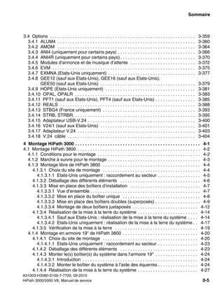 hp3hp5shTOC.fm
A31003-H3580-S100-7-7720, 09-2010
HiPath 3000/5000 V8, Manuel de service 0-5
Nur für den internen Gebrauch Sommaire
3.4 Options . . . . . . . . . . . . . . . . . . . . . . . . . . . . . . . . . . . . . . . . . . . . . . . . . . . . . . . . . . 3-359
3.4.1 ALUM4 . . . . . . . . . . . . . . . . . . . . . . . . . . . . . . . . . . . . . . . . . . . . . . . . . . . . . . . 3-360
3.4.2 AMOM . . . . . . . . . . . . . . . . . . . . . . . . . . . . . . . . . . . . . . . . . . . . . . . . . . . . . . . 3-364
3.4.3 ANI4 (uniquement pour certains pays) . . . . . . . . . . . . . . . . . . . . . . . . . . . . . . . 3-366
3.4.4 ANI4R (uniquement pour certains pays) . . . . . . . . . . . . . . . . . . . . . . . . . . . . . . 3-370
3.4.5 Modules d’annonce et de musique d’attente . . . . . . . . . . . . . . . . . . . . . . . . . . 3-372
3.4.6 EVM . . . . . . . . . . . . . . . . . . . . . . . . . . . . . . . . . . . . . . . . . . . . . . . . . . . . . . . . . 3-375
3.4.7 EXMNA (Etats-Unis uniquement) . . . . . . . . . . . . . . . . . . . . . . . . . . . . . . . . . . . 3-377
3.4.8 GEE12 (sauf aux Etats-Unis), GEE16 (sauf aux Etats-Unis),
GEE50 (sauf aux Etats-Unis) . . . . . . . . . . . . . . . . . . . . . . . . . . . . . . . . . . . . . . 3-379
3.4.9 HOPE (Etats-Unis uniquement) . . . . . . . . . . . . . . . . . . . . . . . . . . . . . . . . . . . . 3-381
3.4.10 OPAL, OPALR . . . . . . . . . . . . . . . . . . . . . . . . . . . . . . . . . . . . . . . . . . . . . . . . 3-383
3.4.11 PFT1 (sauf aux Etats-Unis), PFT4 (sauf aux Etats-Unis) . . . . . . . . . . . . . . . . 3-385
3.4.12 REALS . . . . . . . . . . . . . . . . . . . . . . . . . . . . . . . . . . . . . . . . . . . . . . . . . . . . . . 3-388
3.4.13 STBG4 (France uniquement) . . . . . . . . . . . . . . . . . . . . . . . . . . . . . . . . . . . . . 3-393
3.4.14 STRB, STRBR. . . . . . . . . . . . . . . . . . . . . . . . . . . . . . . . . . . . . . . . . . . . . . . . . 3-395
3.4.15 Adaptateur USB-V.24 . . . . . . . . . . . . . . . . . . . . . . . . . . . . . . . . . . . . . . . . . . . 3-400
3.4.16 V24/1 (sauf aux Etats-Unis) . . . . . . . . . . . . . . . . . . . . . . . . . . . . . . . . . . . . . . 3-401
3.4.17 Adaptateur V.24 . . . . . . . . . . . . . . . . . . . . . . . . . . . . . . . . . . . . . . . . . . . . . . . 3-403
3.4.18 V.24 câble . . . . . . . . . . . . . . . . . . . . . . . . . . . . . . . . . . . . . . . . . . . . . . . . . . . 3-404
4 Montage HiPath 3000 . . . . . . . . . . . . . . . . . . . . . . . . . . . . . . . . . . . . . . . . . . . . . . . . . . 4-1
4.1 Montage HiPath 3800 . . . . . . . . . . . . . . . . . . . . . . . . . . . . . . . . . . . . . . . . . . . . . . . . . 4-2
4.1.1 Conditions pour le montage . . . . . . . . . . . . . . . . . . . . . . . . . . . . . . . . . . . . . . . . . 4-2
4.1.2 Marche à suivre pour le montage . . . . . . . . . . . . . . . . . . . . . . . . . . . . . . . . . . . . . 4-3
4.1.3 Montage libre de HiPath 3800 . . . . . . . . . . . . . . . . . . . . . . . . . . . . . . . . . . . . . . . 4-4
4.1.3.1 Choix du site de montage . . . . . . . . . . . . . . . . . . . . . . . . . . . . . . . . . . . . . . . 4-4
4.1.3.1.1 Etats-Unis uniquement : raccordement au secteur . . . . . . . . . . . . . . . . . 4-5
4.1.3.2 Déballage des différents éléments . . . . . . . . . . . . . . . . . . . . . . . . . . . . . . . . 4-6
4.1.3.3 Mise en place des boîtiers d’installation . . . . . . . . . . . . . . . . . . . . . . . . . . . . 4-7
4.1.3.3.1 Vue d’ensemble . . . . . . . . . . . . . . . . . . . . . . . . . . . . . . . . . . . . . . . . . . . . 4-7
4.1.3.3.2 Mise en place du boîtier unique . . . . . . . . . . . . . . . . . . . . . . . . . . . . . . . 4-8
4.1.3.3.3 Mise en place des boîtiers doubles (superposés) . . . . . . . . . . . . . . . . . . 4-9
4.1.3.3.4 Montage de deux boîtiers juxtaposés . . . . . . . . . . . . . . . . . . . . . . . . . . 4-12
4.1.3.4 Réalisation de la mise à la terre du système . . . . . . . . . . . . . . . . . . . . . . . . 4-14
4.1.3.4.1 Sauf aux Etats-Unis : réalisation de la mise à la terre du système . . . . 4-14
4.1.3.4.2 Etats-Unis uniquement : réalisation de la mise à la terre du système . . 4-17
4.1.3.5 Vérification de la mise à la terre . . . . . . . . . . . . . . . . . . . . . . . . . . . . . . . . . 4-19
4.1.4 Montage en armoire 19" de HiPath 3800 . . . . . . . . . . . . . . . . . . . . . . . . . . . . . . 4-20
4.1.4.1 Choix du site de montage . . . . . . . . . . . . . . . . . . . . . . . . . . . . . . . . . . . . . . 4-20
4.1.4.1.1 Etats-Unis uniquement : raccordement au secteur . . . . . . . . . . . . . . . . 4-23
4.1.4.2 Déballage des différents éléments . . . . . . . . . . . . . . . . . . . . . . . . . . . . . . . 4-23
4.1.4.3 Monter le(s) boîtier(s) du système dans l’armoire 19" . . . . . . . . . . . . . . . . . 4-24
4.1.4.3.1 Introduction . . . . . . . . . . . . . . . . . . . . . . . . . . . . . . . . . . . . . . . . . . . . . . 4-24
4.1.4.3.2 Monter le boîtier du système à l’aide des équerres . . . . . . . . . . . . . . . . 4-24
4.1.4.4 Réalisation de la mise à la terre du système . . . . . . . . . . . . . . . . . . . . . . . . 4-27
 