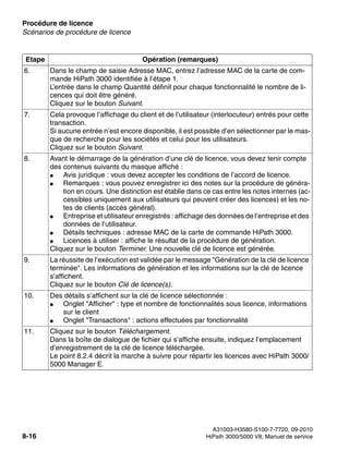 Procédure de licence Nur für den internen Gebrauch
A31003-H3580-S100-7-7720, 09-2010
8-16 HiPath 3000/5000 V8, Manuel de service
licensing.fm
Scénarios de procédure de licence
6. Dans le champ de saisie Adresse MAC, entrez l’adresse MAC de la carte de com-
mande HiPath 3000 identifiée à l’étape 1.
L’entrée dans le champ Quantité définit pour chaque fonctionnalité le nombre de li-
cences qui doit être généré.
Cliquez sur le bouton Suivant.
7. Cela provoque l’affichage du client et de l’utilisateur (interlocuteur) entrés pour cette
transaction.
Si aucune entrée n’est encore disponible, il est possible d’en sélectionner par le mas-
que de recherche pour les sociétés et celui pour les utilisateurs.
Cliquez sur le bouton Suivant.
8. Avant le démarrage de la génération d’une clé de licence, vous devez tenir compte
des contenus suivants du masque affiché :
● Avis juridique : vous devez accepter les conditions de l’accord de licence.
● Remarques : vous pouvez enregistrer ici des notes sur la procédure de généra-
tion en cours. Une distinction est établie dans ce cas entre les notes internes (ac-
cessibles uniquement aux utilisateurs qui peuvent créer des licences) et les no-
tes de clients (accès général).
● Entreprise et utilisateur enregistrés : affichage des données de l’entreprise et des
données de l’utilisateur.
● Détails techniques : adresse MAC de la carte de commande HiPath 3000.
● Licences à utiliser : affiche le résultat de la procédure de génération.
Cliquez sur le bouton Terminer. Une nouvelle clé de licence est générée.
9. La réussite de l’exécution est validée par le message "Génération de la clé de licence
terminée". Les informations de génération et les informations sur la clé de licence
s’affichent.
Cliquez sur le bouton Clé de licence(s).
10. Des détails s’affichent sur la clé de licence sélectionnée :
● Onglet "Afficher" : type et nombre de fonctionnalités sous licence, informations
sur le client
● Onglet "Transactions" : actions effectuées par fonctionnalité
11. Cliquez sur le bouton Téléchargement.
Dans la boîte de dialogue de fichier qui s’affiche ensuite, indiquez l’emplacement
d’enregistrement de la clé de licence téléchargée.
Le point 8.2.4 décrit la marche à suivre pour répartir les licences avec HiPath 3000/
5000 Manager E.
Etape Opération (remarques)
 