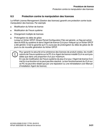 licensing.fm
A31003-H3580-S100-7-7720, 09-2010
HiPath 3000/5000 V8, Manuel de service 8-31
Nur für den internen Gebrauch Procédure de licence
Protection contre la manipulation des licences
8.5 Protection contre la manipulation des licences
La HiPath License Management (Gestion des licences) garantit une protection contre toute
manipulation des licences. Par exemple
● Modification du fichier de licence
● Modification de l’heure système
● Chargement multiple de licences
● Prolongation du délai de grâce
Lorsqu’un fichier GPCF (Grace Period Configuration File) est généré, un flag est activé
dans le KDS du système et dans l’Agent de licence CLA pour indiquer qu’un fichier GPCF
a été généré. C’est la garantie qu’il n’y aura pas de prolongation du délai de grâce de 30
jours ou de nouvelle génération du fichier GPCF.
>
Pour garantir la sécurité et la cohérence des licences de produit créées, les modifi-
cations de l’heure système sur le PC d’un Agent de licence installé CLA ne sont pos-
sibles que dans une proportion d’un jour maximum.
En cas de modification de l’heure système de plus d’un jour, l’Agent de licence CLA
met fin à sa fonction et ne peut pas être réactivé. Le bon fonctionnement du CLA sur
ce PC ne peut être rétabli que par une réparation ou une réinstallation (voir Manuel
d’installation Agent de licence).
 