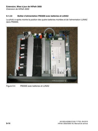 Extension, Mise à jour de HiPath 3000 Nur für den internen Gebrauch
A31003-H3580-S100-7-7720, 09-2010
9-14 HiPath 3000/5000 V8, Manuel de service
exup.fm
Extension de HiPath 3000
9.1.3.6 Boîtier d’alimentation PB3000 avec batteries et LUNA2
La photo ci-après montre la position des quatre batteries montées et de l’alimentation LUNA2
dans PB3000.
Figure 9-4 PB3000 avec batteries et LUNA2
 
