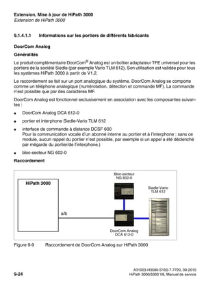 Extension, Mise à jour de HiPath 3000 Nur für den internen Gebrauch
A31003-H3580-S100-7-7720, 09-2010
9-24 HiPath 3000/5000 V8, Manuel de service
exup.fm
Extension de HiPath 3000
9.1.4.1.1 Informations sur les portiers de différents fabricants
DoorCom Analog
Généralités
Le produit complémentaire DoorCom® Analog est un boîtier adaptateur TFE universel pour les
portiers de la société Siedle (par exemple Vario TLM 612). Son utilisation est validée pour tous
les systèmes HiPath 3000 à partir de V1.2.
Le raccordement se fait sur un port analogique du système. DoorCom Analog se comporte
comme un téléphone analogique (numérotation, détection et commande MF). La commande
n’est possible que par des caractères MF.
DoorCom Analog est fonctionnel exclusivement en association avec les composantes suivan-
tes :
● DoorCom Analog DCA 612-0
● portier et interphone Siedle-Vario TLM 612
● interface de commande à distance DCSF 600
Pour la communication vocale d’un abonné interne au portier et à l’interphone : sans ce
module, aucun rappel du portier n’est possible, par exemple si un appel a été déclenché
par mégarde du portier/de l’interphone.)
● bloc-secteur NG 602-0
Raccordement
Figure 9-9 Raccordement de DoorCom Analog sur HiPath 3000
HiPath 3000
DoorCom Analog
DCA 612-0
Bloc-secteur
NG 602-0
Siedle-Vario
TLM 612
a/b
 