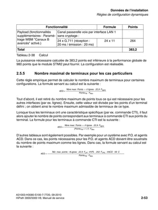 sysdat.fm
A31003-H3580-S100-7-7720, 09-2010
HiPath 3000/5000 V8, Manuel de service 2-53
Nur für den internen Gebrauch Données de l’installation
Règles de configuration dynamiques
La puissance nécessaire calculée de 383,2 points est inférieure à la performance globale de
980 points que le module STMI2 peut fournir. La configuration est réalisable.
2.5.5 Nombre maximal de terminaux pour les cas particuliers
Cette règle empirique permet de calculer le nombre maximum de terminaux pour certaines
configurations. La formule servant au calcul est la suivante :
Tout d’abord, il est retiré du nombre maximum de points tous ce qui est nécessaire pour les
autres interfaces (par ex. lignes). Ensuite, cette valeur est divisée par les points d’un terminal
défini ; on obtient ainsi le nombre maximum admissible de terminaux de ce type.
Lorsque tous les terminaux ont une caractéristique spécifique (par ex. commande CTI), il faut
alors ajouter le nombre de points correspondant aux terminaux à commande CTI aux points du
terminal. La formule pour les terminaux à commande CTI est la suivante :
D’autres tableaux sont également possibles. Par exemple pour un système avec P.O. et agents
ACD. Dans ce cas, les points nécessaires pour les P.O. et agents ACD doivent être soustraits
du nombre de points maximum comme les lignes. Dans cas, la formule servant au calcul est
la suivante :
Payload (fonctionnalités
supplémentaires : Paramé-
trage WBM "Canaux B
avancés" activé.)
Canal passerelle voix par interface LAN 1
sans cryptage :
24 x G.711 (réception :
20 ms / émission : 20 ms)
24 x 11 264
Total 383,2
Fonctionnalité Formule Points
Tableau 2-38 Calcul
Nbre maxi. Points — # lignes · 22,9· Fligne
PointsTN · FAbo
#EG =
Nbre maxi. Points — # lignes · 22,9· Fligne
(PointsTN + 1,7)· FAbo
#EG =
Nbr. max. points - #Lignes · 22,9· FLR - #VPL · 252· FVPL - #ACD · 59· C
PointsTN · FAbo
#EG =
 