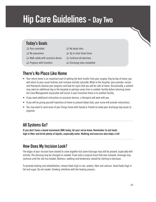 Hip Care Guidelines - Day Two

	Today’s Goals
	 ❑ Pain controlled	                          ❑ No blood clots
	 ❑ No pneumonia	                             ❑ Up in chair three times
	 ❑ Walk safely with assistive device	        ❑ Continue all exercises
	 ❑ Progress with transfers	                  ❑ Discharge plan completed


There’s No Place Like Home
•	 Your return home is an important part of getting the best results from your surgery. Day by day at home, you
   will return to your usual routines and increase activity naturally. While in the hospital, your provider, nurses
   and therapists observe your progress and look for signs that you will be safe at home. Occasionally, a patient
   may need an additional day in the hospital or perhaps some time in another facility before returning home.
   Our Care Management associates will assist in your transition home or to another facility.
•	 If you need additional instruction on assistive devices, a therapist will work with you.
•	 If you will be giving yourself injections at home to prevent blood clots, your nurse will provide instructions.
•	 You may want to send some of your things home with family or friends to make your discharge day easier to
   organize.


........................................................................................
All Systems Go?
If you don’t have a bowel movement (BM) today, let your nurse know. Remember to eat foods
high in fiber and drink plenty of liquids, especially water. Walking and exercise also helps a lot!
........................................................................................

How Does My Incision Look?
The edges of your incision have started to come together but some drainage may still be present, especially with
activity. The dressing may be changed as needed. If you had a surgical drain that was removed, drainage may
continue until the site has healed. Redness, swelling and tenderness should be starting to decrease.

To promote healing and rehabilitation, choose foods high in iron, protein, fiber and calcium. Avoid foods high in
fat and sugar. Do not smoke. Smoking interferes with the healing process.




                                                                                                                     20
 