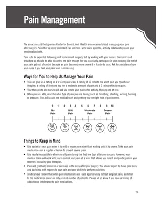 Pain Management

The associates at the Agnesian Center for Bone & Joint Health are concerned about managing your pain
after surgery. Pain that is poorly controlled can interfere with sleep, appetite, activity, relationships and your
emotional outlook.
Pain is to be expected following joint replacement surgery, but by working with your nurses, therapists and
providers we should be able to control the pain enough for you to actively participate in your recovery. Do not let
your pain get out of control because as pain becomes more severe it is harder to treat. Ask for assistance from
your nurse if you feel your pain level is increasing.

Ways for You to Help Us Manage Your Pain
•	 You can give us a rating on a 0 to 10 pain scale. A rating of 10 reflects the worst pain you could ever
   imagine, a rating of 5 means you feel a moderate amount of pain and a 0 rating reflects no pain.
•	 Your therapists and nurses will ask you to rate your pain after activity, therapy and at rest.
•	 When you are able, describe what type of pain you are having such as throbbing, shooting, aching, burning
   or pressure. This will assist the medical staff and getting you the right type of pain control.

                            0     1      2     3     4     5     6      7     8      9    10
                            No                Mild             Moderate           Severe
                           Pain               Pain               Pain              Pain




Things to Keep in Mind
•	 It is easier to treat pain when it is mild or moderate rather than waiting until it is severe. Take your pain
   medications on a regular schedule to prevent severe pain.
•	 It is nearly impossible to eliminate all pain during the first few days after your surgery. However, your
   medical team will work with you to control your pain at a level that allows you to rest and participate in your
   recovery, including your therapies.
•	 Pain will gradually diminish or decrease in the days after your surgery. You should expect to have good days
   and bad days with regards to your pain and your ability to perform activities.
•	 Studies have shown that when pain medications are used appropriately to treat surgical pain, addiction
   to the medication occurs in only a small number of patients. Please let us know if you have a history of
   addiction or intolerance to pain medications.


                                                                                                                     28
 