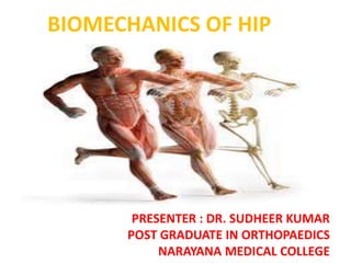 BIOMECHANICS OF HIP

PRESENTER : DR. SUDHEER KUMAR
POST GRADUATE IN ORTHOPAEDICS
NARAYANA MEDICAL COLLEGE

 