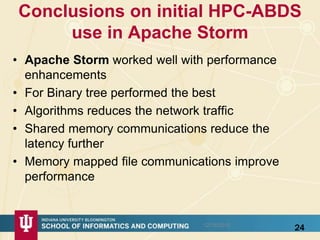 Future Work
• Memory mapped communications require continuous
polling by a thread. If this tread does the processing of
the message, the polling overhead can be reduced.
• Scheduling of tasks should take the communications in to
account
• The current processing model has multiple threads
processing a message at different stages. Reduce the
number of threads to achieve predictable performance
• Improve the packet structure to reduce the overhead
• Compare with related Java MPI technology
• Add additional collectives to those supported by Storm
12/16/2015
24
 