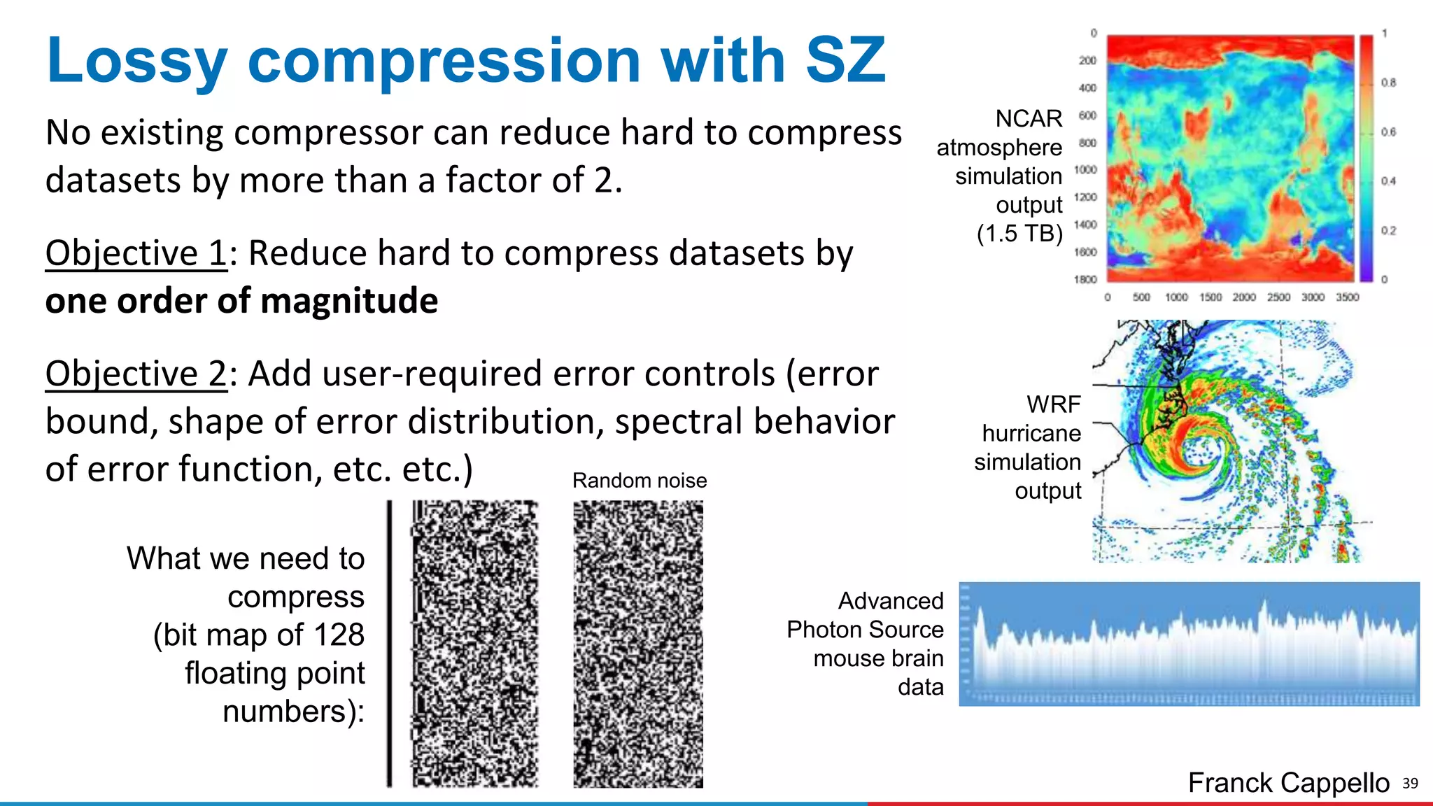 39
Lossy compression with SZ
No existing compressor can reduce hard to compress
datasets by more than a factor of 2.
Objective 1: Reduce hard to compress datasets by
one order of magnitude
Objective 2: Add user-required error controls (error
bound, shape of error distribution, spectral behavior
of error function, etc. etc.)
NCAR
atmosphere
simulation
output
(1.5 TB)
WRF
hurricane
simulation
output
Advanced
Photon Source
mouse brain
data
What we need to
compress
(bit map of 128
floating point
numbers):
Random noise
Franck Cappello
 