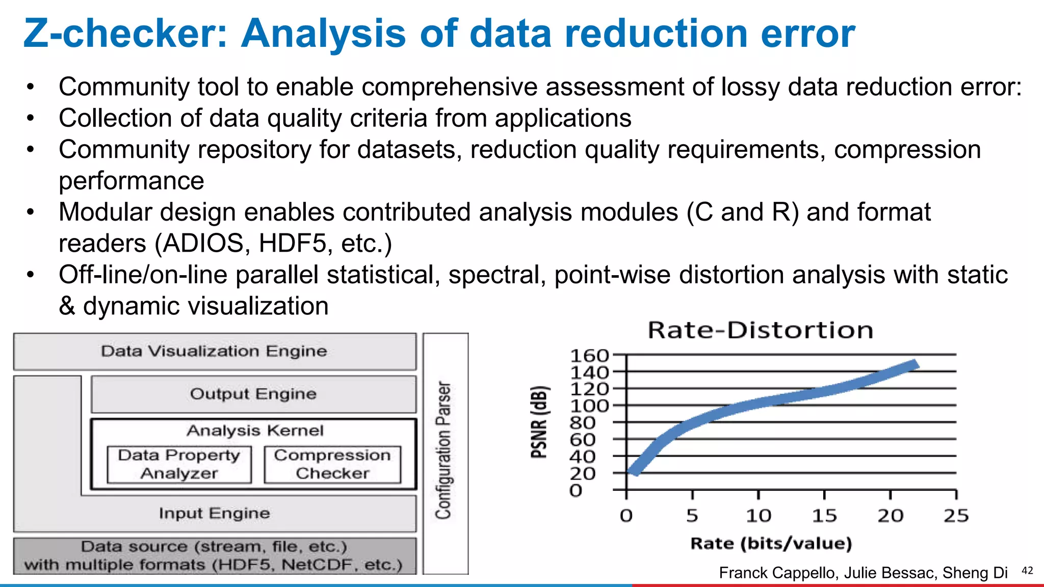 42
Z-checker: Analysis of data reduction error
• Community tool to enable comprehensive assessment of lossy data reduction error:
• Collection of data quality criteria from applications
• Community repository for datasets, reduction quality requirements, compression
performance
• Modular design enables contributed analysis modules (C and R) and format
readers (ADIOS, HDF5, etc.)
• Off-line/on-line parallel statistical, spectral, point-wise distortion analysis with static
& dynamic visualization
Franck Cappello, Julie Bessac, Sheng Di
 