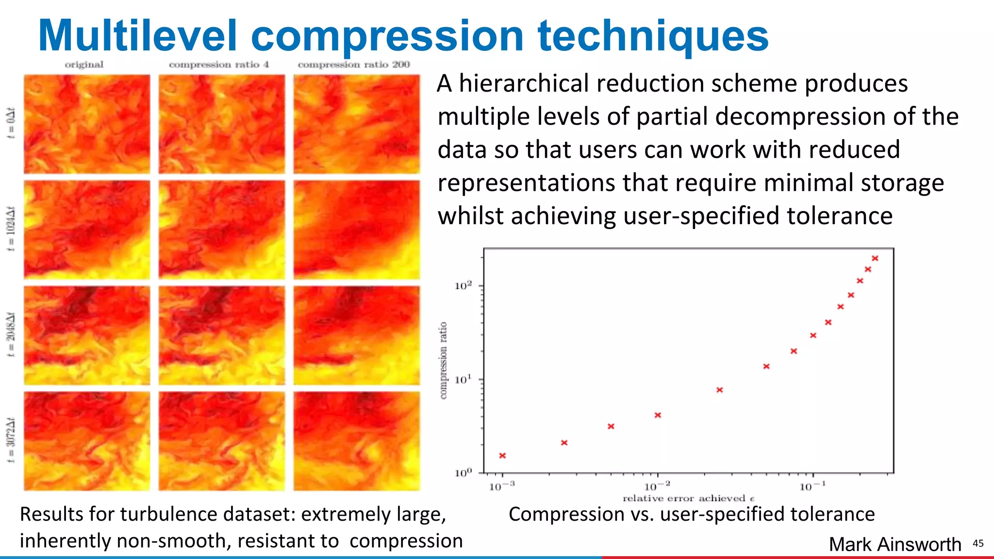 45
Multilevel compression techniques
A hierarchical reduction scheme produces
multiple levels of partial decompression of the
data so that users can work with reduced
representations that require minimal storage
whilst achieving user-specified tolerance
Compression vs. user-specified toleranceResults for turbulence dataset: extremely large,
inherently non-smooth, resistant to compression Mark Ainsworth
 