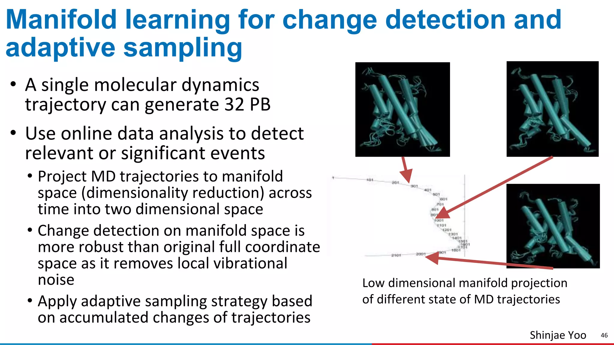 46
Manifold learning for change detection and
adaptive sampling
Low dimensional manifold projection
of different state of MD trajectories
• A single molecular dynamics
trajectory can generate 32 PB
• Use online data analysis to detect
relevant or significant events
• Project MD trajectories to manifold
space (dimensionality reduction) across
time into two dimensional space
• Change detection on manifold space is
more robust than original full coordinate
space as it removes local vibrational
noise
• Apply adaptive sampling strategy based
on accumulated changes of trajectories
Shinjae Yoo
 