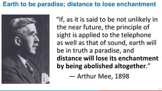 2
Earth to be paradise; distance to lose enchantment
“If, as it is said to be not unlikely in
the near future, the principle of
sight is applied to the telephone
as well as that of sound, earth will
be in truth a paradise, and
distance will lose its enchantment
by being abolished altogether.”
— Arthur Mee, 1898
 