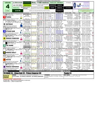 Únicamente disponible en www.lahipodromodigital.com Producido por Hipicómputo 2000 C.A.
sábado www.hipicomputo2000.com 2ª Pool de 4
Lote: G-/5+-NGEne Nuevo Grupo EXACTA Doble Perfecta
Handicap Libre
Para Machos de 5 ó
más años
TRIFECTA LOTO HÍPICO
# 412 2:30 PM SUPERFECTA Polla
TRIPLE
APUESTA 4-
5-6
RécJinete/RécEnt/Réc
JinEnt/*: desde 2014
Fecha Carr Dist PF PP Pos Ll Cpos Ks. Jinete, Div. Ganador (2º)/#P Grupo T.Ej. Rmt/P TpoG SR
Jin-Ej Edgar B. Villasmil A. -2 J:72-8 / 20% Feb14 98 1400 478 9 3-5 4 7 ¹53,7 EBVillasmilA, 5a2 King León(2de5/5) G-4a7/5+ 86,3 24-46,2 (13,1)/P 85,1 60
7-2 Ks. 53,5 Mar6 175 1200 473 2 4-6 5 4 1/2 ¹54,2 EBVillasmilA, 7a2 King León(6) G-6ómás 72 22,4-46 (25,)/P 71 81
BB.M.LA.GR.CC. Abr3 266 1300 476 1 0-0 10 17 ¹53,6 EBVillasmilA, 13a1 El Ferrocarril(1de10/11) GacH 83,4 22,4-46,1 (7,)/SP 80,2 63
Abr30 338 1200 466 6 4-4 3 5 1/4 ¹53,7 EBVillasmilA, 4a5 Joyful Blue(4) G-4a6/5+ *72,3 23,2-46,3 (25,)/F 71,3 74
12% Rubén Lanz E:125-22 / 26% May7 359 1300 465 1 4-5 3 6 1/2 ¹53,8 EBVillasmilA, 6a5 Ball Truck(5) G-7000/8000 *79 23,2-46,2 (6,2)/N 77,3 61
PP 1 Ene 2, 11 Dist. 3 / 0-0-1 (72) J-E: * 6-0 / 70% 24 / 5-2-6 (1-0), Bs. 1.060.076,50 (67)
Arnaldo Chirinos J:2-0 / 2% May2 359 1300 430 8 7-7 7 25 54,5 MJMeleán, 14a1 All The Cis(8) G-3ó4/5+ 83,3 23,1-46,1 (6,2)/SP 78,3 26
Ks. 54,5 (52) Dic26 1083 1100 442 3 6-8 8 16 ¹55 MJMeleán, 9a1 Triunfador(9) *G-2000MM 69,3 22,1-46 (20,2)/P 66,2 33
GR.VD.LA.CC.BZ. Feb13 88 1300 429 4 4-5 5 11 ¹53,2 **YRodríguez, 99a1 Archaces(5) G-5000MM 82,4 23-46 (7,1)/P 80,3 49
Ent-Ej: 3-0 (23) +BZ Mar27 242 1200 433 8 6-5 9 20 ¹54,6 MJMeleán, 19a1 Kings Court(1de7/9) Gh4-5000MM 77,1 23,1-47 (26,1)/P 73,1 24
15% Eliécer Gómez E:16-2 / 23% May7 361 1200 419 2 0-0 12 25 ¹53,4 AMontes, 36a1 Red Sensation(13) *G-3ó4/6+-Ap. *75,4 23,1-46,2 (24,2)/N 70,4 14
PP 2 Feb 15, 08 Dist. 9 / 1-0-3 (53) J-E:1-0 / 24% 34 / 4-0-4 (4-1), Bs. 194.634,00 (39)
Jin-Ej José G. Hernández J:53-5 / 20% Ago23 711 1400 487 11 2-2 2 1 1/2 54,5 RSarmiento, 3a5 Northern Beat(7) G-6ómás/5+ *85 22,3-45 (14,)/P 84,3 86
3-0 Ks. 54,5 Sept13 775 1400 492 12 3-2 3 16 53,8 JLugo, 1a5 Pedro Caimán(3) Cl.FCPG3 86 23,2-45,3 (13,2)/P 82,4 71
LA.V.BB. Oct5 829 1400 491 14 1-2 2 12 55,3 JGHernández, NV Pedro Caimán(3) Cl.AHPG3 84 22-44,1 (13,2)/N Empate 77
Ent-Ej: 19-6 (77) E+150d:2-0/ % Oct31 906 1300 490 3 1-3 6 16 55,4 JGHernández, 6a1 Oh Pirata(7) G-5ómás/5+ 81,4 23-45,4 (7,)/F 78,3 54
16% Khaldun Yordi E:10-0 / 8% Nov21 970 1200 486 1 1-1 3 3 3/4 55,5 JGHernández, 7a2 Modesto(5) G-5ómás/5+ 72,2 22,3-46,4 (24,4)/P 71,3 87
PP 3 May 29, 09 Dist. 5 / 0-2-1 (66) J-E:1-0 / 53% 30 / 7-7-4 (1-0), Bs. 1.092.583,50 (73)
Jin-Ej Eglinder Betancourt J:23-2 / 16% Dic26 1081 1300 424 6 4-3 1 1/2 ¹55,2 KNatera, 45,85(x5) (Prince Bolt)(5) *G-6ómás 79,1 22,2-45 (7,)/P 79,1 89
4-1 Ks. 54,6 (54) Feb5 V47 1400 422 11 2-2 2 2 54,5 IPimentelJr, 4a1 Botalón(1de4/5) HSí 85,1 22,2-45,4 (13,)/P 84,4 71
M.LA.CC. Feb21 126 1400 420 14 7-6 7 5 3/4 ¹54,7 RSarmiento, 9a1 Blue Monkey(1de6/7) Cl.Hyl.G3 85,2 23,2-45,3 (14,1)/P 84,1 63
Ent-Ej: 15-6 (73) Abr1 V176 1200 420 12 4-4 3 5 1/2 54,5 JJUrdaneta, 8a5 The Singer(2de3/4) AFP *73,3 23,2-46,3 (25,4)/P 72,2 77
11% Alexis Delgado E:101-14 / 20% May7 359 1300 427 2 3-3 4 10 ¹56,1 EBetancourt, 2a1 Ball Truck(5) G-7000/8000 *79,3 23,2-46,2 (6,2)/N 77,3 52
PP 4 Abr 29, 11 Dist. 1 / 0-1-0 (77) J-E:4-0 / 37% 22 / 7-4-6 (1-0), Bs. 1.608.774,26 (69)
Pedro M. Páez -4 J:31-5 / 29% May23 413 1100 471 4 6-6 3 1 1/4 53,2 JRangel, 1a5 Jake el Pirata(6) G-6ómás 66 22,4-46,1 (19,3)/SP Rec#5-D/ 92
Ks. 54 (58) Jul18 598 1300 472 3 1-1 1 Pcz. 55,7 RSarmiento, 6,95(x5) (Joyful Blue)(4) G-6ómás *76,3 23,3-46,2 (6,1)/F 76,3 107
GR.OT.V.LA.M. Ago9 668 1300 473 2 2-2 1 2 1/2 56,7 RSarmiento, 8,05(x5) (Joyful Blue)(4) CB *77,3 22,1-45,3 (6,4)/P 77,3 105
Ent-Ej: 4-2 (95) E+150d:9-1/11 % Ago30 736 1200 475 1 2-2 2 8 3/4 57,7 RSarmiento, 3a1 Pedro Caimán(7) Cl.Spr.G1 *70,3 22,3-44,3 (24,1)/N 68,4 84
14% Gustavo Campos E:24-6 / 35% Oct31 906 1300 460 1 6-1 2 2 1/4 59,4 RSarmiento, 2a5 Oh Pirata(7) G-5ómás/5+ 79 23-45,4 (7,)/F ?HExtPar 86
PP 5 Abr 5, 10 Dist. 8 / 3-1-1 (82) J-E:8-1 / 28% 28 / 12-6-4, Bs. 2.375.132,00 (91)
José L. Peña J:13-2 / 25% Nov6 V564 1400 453 13 1-2 5 4 55 KBBriceño, 2a1 Prince Forever(8) G-3a5/4+ 87,4 24-47,4 (13,4)/P 87 67
Ks. 54 Nov27 V613 1400 459 7 1-2 1 Pcz. 55 YSerrano, 55,64(x5) (Prince Champion)(11) G-4a6/4+ 86,4 23-46,3 (13,3)/P 86,4 76
CC.BB.M.LA.BZ. Dic18 V659 1200 451 14 3-3 3 8 1/4 55 DRojas, 1a5 Lindozo(5) G-4a6 76 24,2-48,3 (25,4)/P ???? 55
Ent-Ej: 16-5 (68) -V E+45d:110-21/19 % Dic26 1081 1300 456 1 1-1 2 1/2 ¹53,2 ABrito, 7a1 Prince Forever(5) *G-6ómás 79,2 22,2-45 (7,)/P 79,1 88
13% Alexis Delgado E:101-14 / 20% Ene22 V17 1100 451 5 2-2 2 3 1/4 54 CUmbría, 1a9 Mr. Simphony(5) G-4a6/5+ 69 24,1-48,1 (20,1)/P 68,2 51
PP 6 Feb 14, 11 Dist. 4 / 1-1-1 (64) J-E:9-2 / 16% 17 / 6-3-2, Bs. 1.108.594,06 (68)
Jin-Ej Eduardo Zahabedra J:17-1 / 10% Dic12 1041 1300 444 2 1-3 3 4 3/4 ¹55,7 JGHernández, 14a1 Soul Healer(10) G-2ó3/5+ 81,2 23,2-47,1 (6,2)/P 80,2 60
2-0 Ks. 55 (52) Dic26 1084 1300 437 2 1-4 4 14 ¹54,8 EBetancourt, 9a1 Princeps(5) *G-3a5/5+ 81 23-46 (6,3)/P 78,1 56
V.M.LA.BB.BZ.GR. *E-300m 2/0-0-0 Abr24 330 1200 404 4 9-8 9 19 ¹55,4 EZahabedra, 34a1 Stanley WhIte(9) G-3ó4/5+ 75 22,3-45,2 (25,4)/N -Gr.PMal 35
Ent-Ej: 33-2 (55) ESeg:27-1/4% May1 344 1300 412 4 4-7 9 21 ¹54,6 EZahabedra, 50a1 PedroRodrigo(9) G-5000/6000 *84 23-46,1 (7,1)/F +Gr.IndAp 22
10% Khaldun Yordi E:10-0 / 8% May14 385 1400 409 6 9-7 9 15 ¹55,2 JGHernández, 50a1 King Mercury(10) G-2ó3/5+ *87,1 23,3-46,3 (12,3)/N 84,1 42
PP 7 Ene 16, 09 Dist. 17 / 2-0-0 (54) J-E:3-0 / 19% 62 / 4-2-7 (13-1), Bs. 337.101,00 (55)
Carlos Brito -4 J:8-0 / 4% Mar20 V126 1200 454 11 1-1 1 7 3/4 55 MIbarra, 5,5(x5) (Abarrio Fugaz)(7) G-3a5/4+ 73,3 24-47,3 (26,)/SP 73,3 89
Ks. 50 (54) Abr24 V193 1100 456 4 1-1 1 6 1/4 53,7 LReyes, 6(x5) (Stellar Trick)(7) G-6ómás/4+ 66 23,3-47,1 (18,4)/SP CAfpart 90
GR.CC.LA.M.V.BZ. May29 V260 1300 445 13 1-1 4 3 3/4 54 LReyes, 1a2 Stellar Trick(6) TLl 80,1 21,4-45,2 (7,)/F 79,2 89
Ent-Ej: 6-2 (84) +BZ E+150d:7-0/ % Ago14 V378 1100 - 2 2-2 2 1/2 55 EBetancourt, 1a9 Qué Te Pasa(6) G-6ómás/4+ *68,1 22,4-46,3 (21,2)/SP 68 86
11% Miguel Contini E:81-13 / 24% Sept18 V461 1300 437 9 2-1 6 8 54 DMorales, 2a1 Magistral(8) UJEC 82 22,2-45,4 (7,2)/P 80,2 65
PP 8 Mar 6, 11 Dist. 6 / 3-1-1 (86) *J-E:0-0 13 / 7-2-1, Bs. 748.976,00 (83)
Favoritos Disponible gratuitamente en www.hipicomputo2000.com en período promocional Sin Favoritos
TIE HAND (5) - Ethan Gab (3) - Prince Emperor (8)
HipRating variables: rating, distancia, ultimas actuaciones, jinete, entrenador, etc. Por Distancia speed rating promedio en la distancia Polla + exóticas variables: %figs 1°-3° Jinete, Entrenador, Ejemplar
Causas de retiros - últimos 90 Días
ETHAN GAB - 1May16 No fue presentado en veterinaria
PRINCE BOLT - 30Abr16 Estado febril
Récord: 61 3/5 / 23-Oct-10 Jorge Prince, 54 Ks.
Ordoñez, Ronald
Premio: Bs. 1.040.000,00
GANADOR
PLACÉ
Al 1º- 624.000,00, al 2° 291.200,00, al 3°
72.800,00, al 4° 31.200,00, al 5° 20.800,00
sábado
21-May
86
MC5a Biloxi Palace-Flor De Maní*
55
Ganadores, que no hayan ganado desde enero (A excepción de reclamos)
En este lote, hipódromo y distancia, NO se han
disputado carreras en el año
Disponible
La Rinconada Dist.: 1100 metros
El entrenador en tipo DIAPO indica que es un nuevo entrenador para esta carrera
MC5a Seek Smartly-Mark Aim Fire
NIÑO RENZO I (14) c. rosada, 7 est. Azules -
m. rosadas -g. rosada
MC5a Remarkable News*-Faby Star*
NIÑO RENZO I (14) c. rosada, 7 est. Azules -
m. rosadas -g. rosada
p.Langfuhr (La Mulera)
GRUPO LEÓN (13) c. 1/2 amarilla 1/2 verde -
m. amarillas -g. azul
PUNDA
111
*SAME RONTOS c. azul, +letras amarillas y
rojas p/e -m. azules -g. azul
PRINCE FOREVER
96
ENTIBAO
p.Swear By Dixie (Urama)
ETHAN GAB
(5) TIE HAND - (6) PRINCE BOLT - (3) ETHAN GABFavoritos del
computador:
Punda (1)
(5) TIE HAND - (4) PRINCE FOREVER - (8) PRINCE EMPEROR (8) PRINCE EMPEROR - (5) TIE HAND - (4) PRINCE
FOREVER
TIE HAND
MEDIA LUNA c. blanca, 1/2 luna esp. -m.
azules -g. azul
MC7a Fast As a Cat-Carolinda*
60
MA6a Wildcat Heir-Malpractice M. D. -IV
PRINCE EMPEROR
p.Guns N' Roses* (Oropal)
NIÑO RENZO I (14) c. rosada, 7 est. Azules -
m. rosadas -g. rosada
p.Groomed to Win (Oropal)
p.Velcro Fly (Luisiana)
82
PRINCE BOLT
5
6
8
7
96
MC5a Mr Mistoffelees-Al Manara*
FIFITO
4
1
4
p.Lyphard Key (Montesano)
MC8a Striding Out-Sannia*
MEDIA LUNA c. blanca, 1/2 luna esp. -m.
azules -g. azul
3
2
(B L) Vendrá fuerte al final F=1/0-0-1
(B L) Ni en cuenta F=1/0-0-0
(B L) Hip.21-7 -SEGUNDA SELECCIÓN (182 DSC), F=2/0-1-0 / 7-May, 1000/70,1 (13,1)-128/177
89
p.Auraria (Los Aguacates)
MC7a Slaytheodds-La Chichila*
p.Shawaf (La Orlyana)
CASHEL OF THE KING c. azul el + est
naranja esp. -m. azul + 3 est naranja -g. azul
(B L) Hip.14-4 -Buen lance
(B L) Hip.27-11 -PRIMERA SELECCIÓN (203 DSC), F=2/1-1-0 / 13-May, 700/45,2 (12,4)-2/2
(B L) Hip.9-2 -Dará que hacer (120 DSC),
(B L) No creemos F=2/0-0-0 / 7-May, Galopes en silla
(B L) Hip.8-5 -TERCERA SELECCIÓN (246 DSC), F=1/0-0-0 / 13-May, 900/61,1 (12,3)-1/2
 