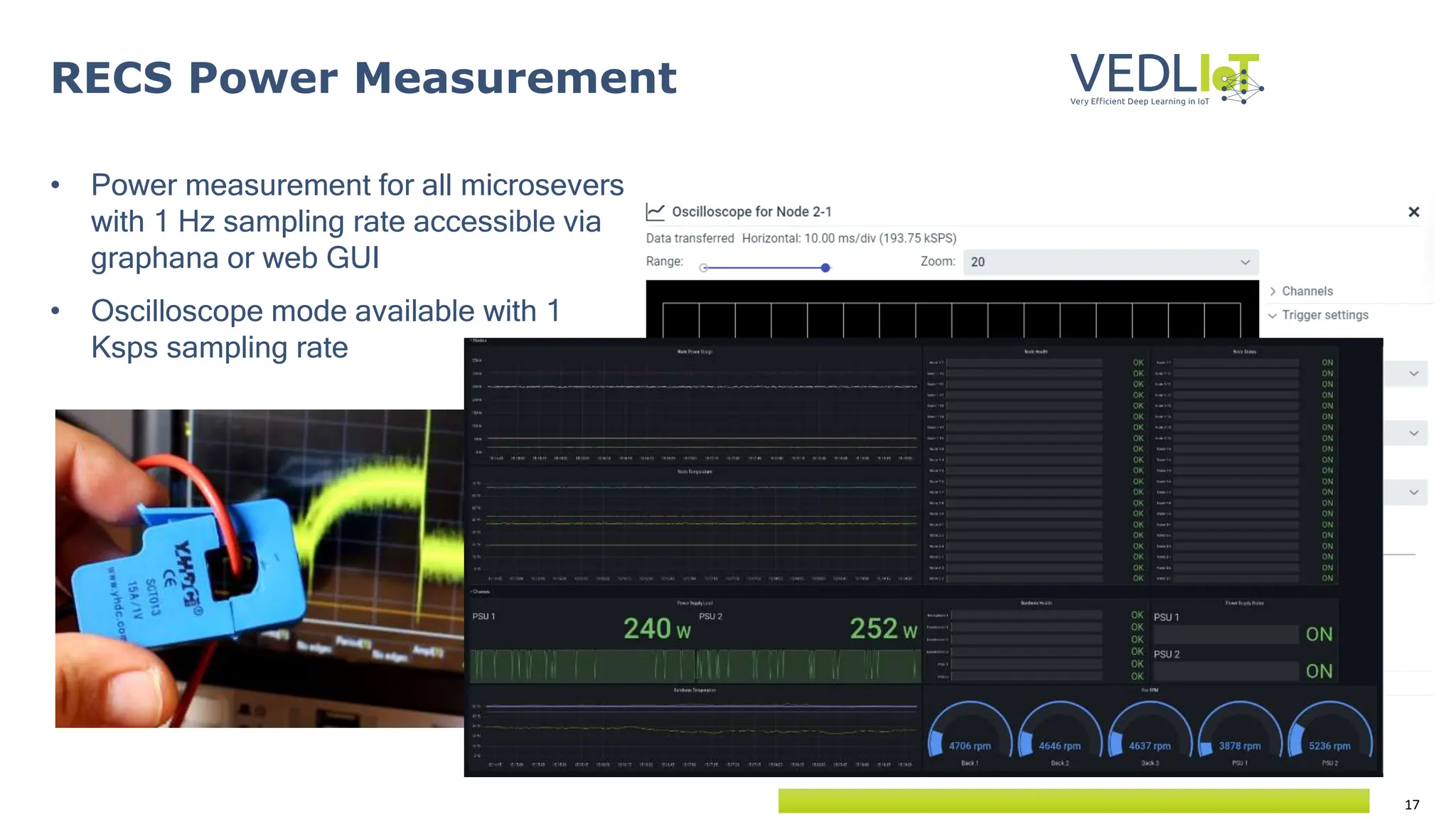 17
RECS Power Measurement
• Power measurement for all microsevers
with 1 Hz sampling rate accessible via
graphana or web GUI
• Oscilloscope mode available with 1
Ksps sampling rate
 