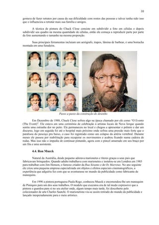 10

gostava de fazer retratos por causa da sua dificuldade com rostos das pessoas e talvez tenha sido isso
que o influenciou a retratar mais sua família e amigos.

        A técnica de pintura do Chuck Close consiste em subdividir a foto em células e depois
subdividir seu quadro na mesma quantidade de células, então ele começa a reproduzir parte por parte
da foto aumentando o tamanho na mesma proporção.

      Suas principais ferramentas incluíam um aerógrafo, trapos, lâmina de barbear, e uma borracha
montada em uma furadeira.




                              Passo a passo da construção do desenho

        Em Dezembro de 1988, Chuck Close sofreu algo na época chamado por ele como “O Evento
(The Event)”. Ele estava em uma cerimônia de celebração à artistas locais de Nova Iorque quando
sentiu uma estranha dor no peito. Ele permaneceu no local e chegou a apresentar o prêmio e dar um
discurso, logo em seguida foi até o hospital mais próximo onde sofreu uma pressão mais forte que o
paralisou do pescoço pra baixo, o caso foi registrado como um colapso da artéria vertebral. Durante
meses ele passou por reabilitação para recuperar os movimentos e acabou ficando numa cadeira de
rodas. Mas isso não o impediu de continuar pintando, agora com o pincel amarrado em seu braço por
um fita e uma assistente.

       4.4. Ron Mueck

         Natural da Austrália, desde pequeno adorava marionetes e títeres graças a seus pais que
fabricavam brinquedos. Quando adulto trabalhava com marionetes e instalou-se em Londres em 1983
para trabalhar com Jim Henson, o famoso criador da Rua Sésamo e de Os Marretas. No ano seguinte
ele criou uma pequena empresa especializada em objetos e efeitos especiais cinematográficos, a
experiência que adquiriu fez com que se aventurasse no mundo da publicidade como fabricante de
manequins.

        Em 1996 a pintora portuguesa Paula Rego, conheceu Mueck e encomendou-lhe um manequim
de Pinóquio para um dos seus trabalhos. O modelo que executou era de tal modo expressivo que a
pintora o guardou para si no seu atelier onde, algum tempo mais tarde, foi descoberto pelo
colecionador de arte Charles Saatchi. O marionetista viu-se assim retirado do mundo da publicidade e
lançado inesperadamente para o meio artístico.
 