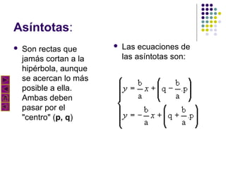 Asíntotas:


Son rectas que
jamás cortan a la
hipérbola, aunque
se acercan lo más
posible a ella.
Ambas deben
pasar por el
"centro" (p, q)



Las ecuaciones de
las asíntotas son:

 