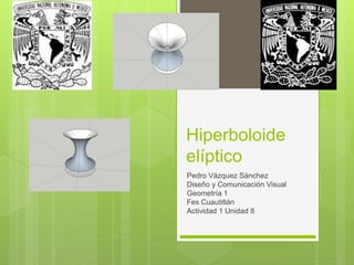 Hiperboloide
elíptico
Pedro Vázquez Sánchez
Diseño y Comunicación Visual
Geometría 1
Fes Cuautitlán
Actividad 1 Unidad 8
 