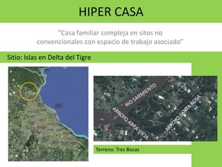 HIPER CASA
“Casa familiar compleja en sitos no
convencionales con espacio de trabajo asociado”
Sitio: Islas en Delta del Tigre
Terreno: Tres Bocas
 